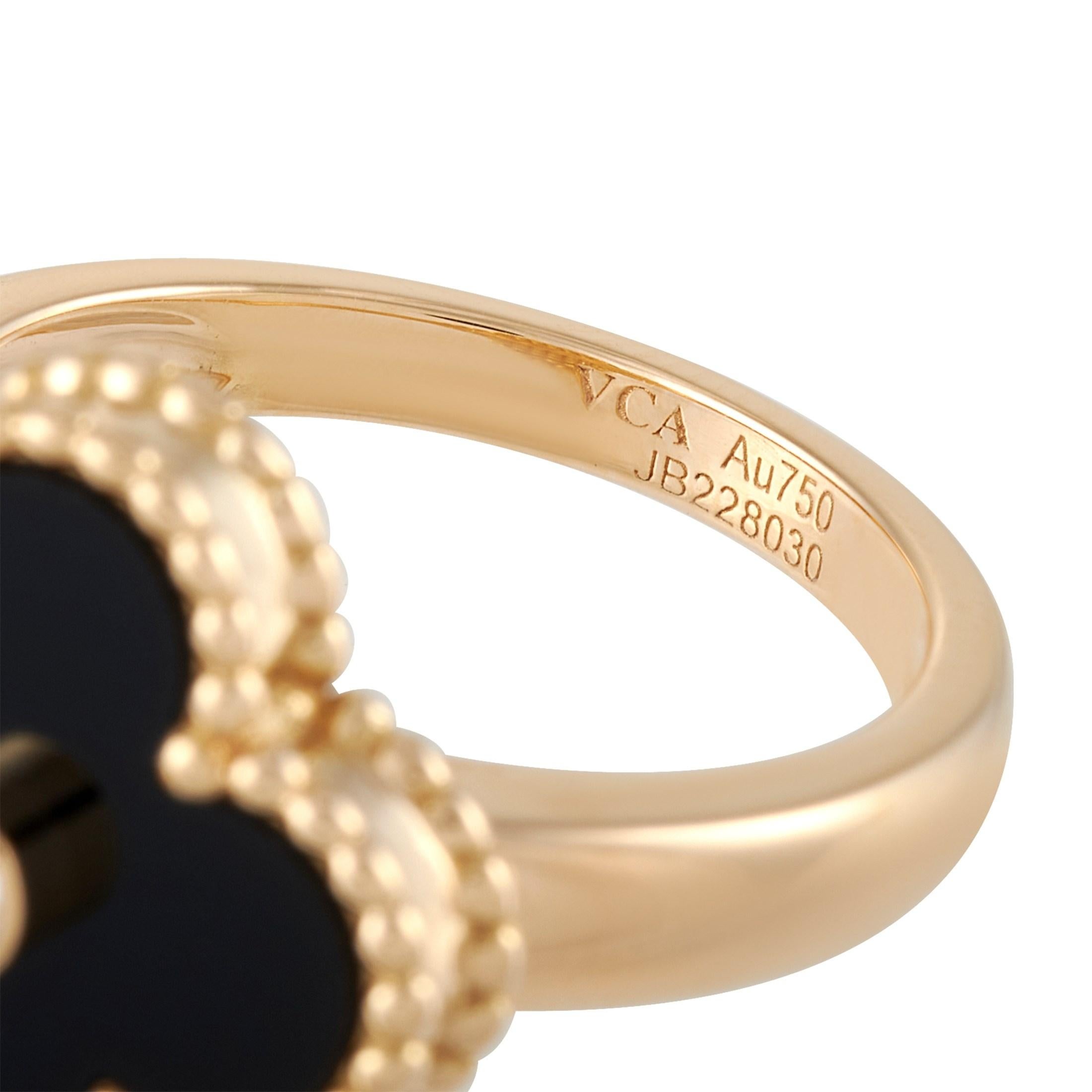 Van Cleef & Arpels Alhambra 18 Karat Yellow Gold Diamond and Onyx Ring In Excellent Condition In Southampton, PA
