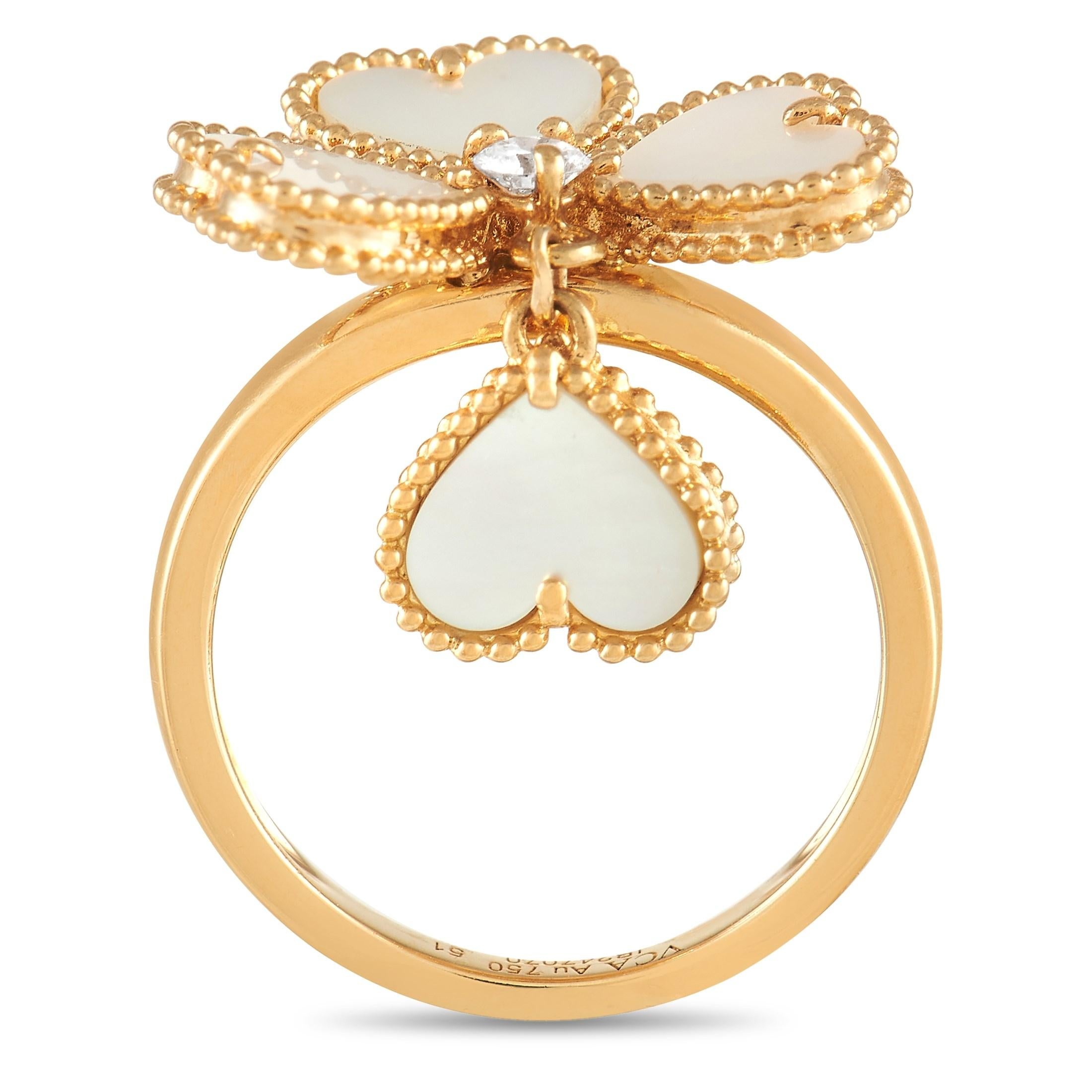 Here is an elegant ring that stands out without trying. This Sweet Alhambra Effeuillage ring from Van Cleef & Arpels features a slim yellow gold band adorned with a floral motif centerpiece composed of four heart-shaped petals and a single