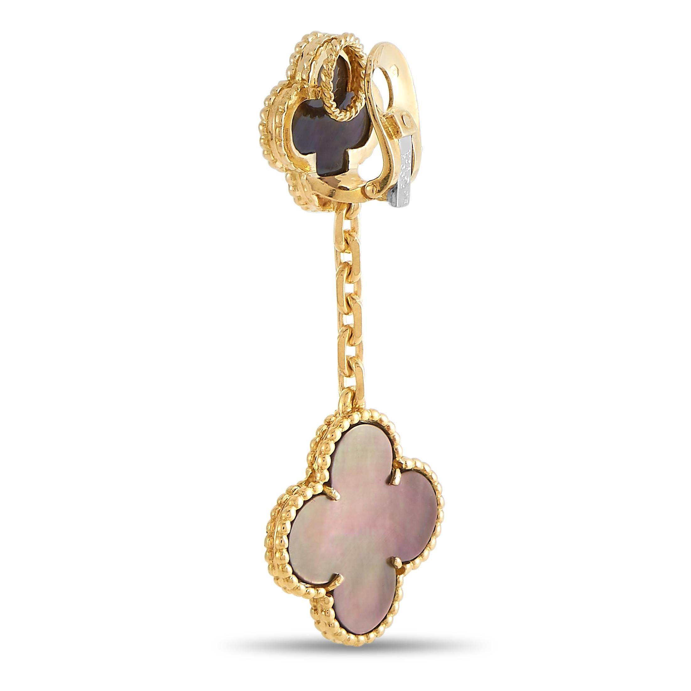 It doesn’t get more luxurious than a pair of Van Cleef & Arpels Alhambra earrings. Each one of these exquisitely crafted earrings features an 18K Yellow Gold setting that measures 2” long and 0.75” wide. A pair of captivating gray Mother of Pearl