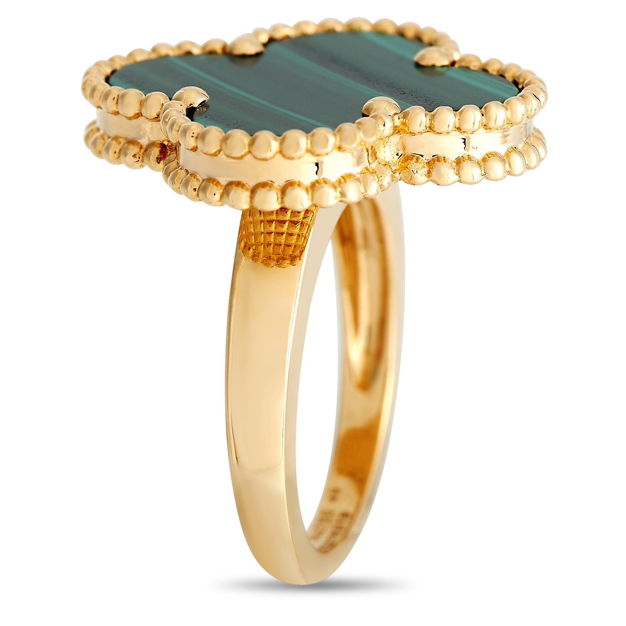 Timeless and highly coveted, this yellow gold Alhambra ring makes a statement with its four-leaf clover design made more prominent by a rich green malachite inlay. The ring's top dimensions measure 20 mm by 20 mm.This Van Cleef & Arpels Alhambra 18K