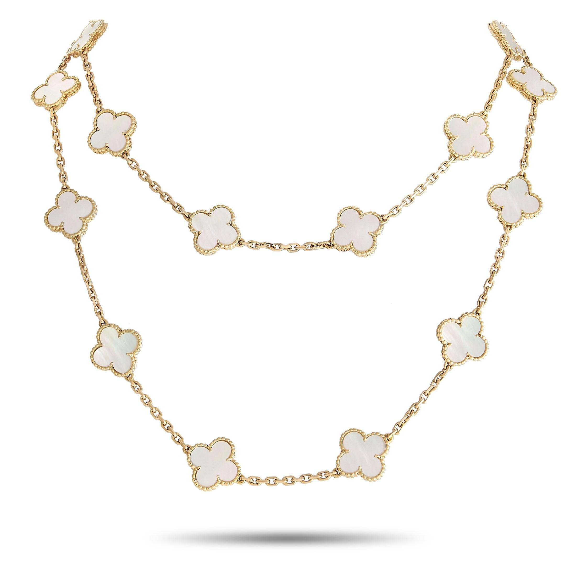 This Van Cleef & Arpels Alhambra necklace will serve as a luxurious addition to any ensemble. A series of 20 iconic clover-shaped motifs elevated by Mother of Pearl make a statement on this exquisite necklace. It measures 32” long and is crafted