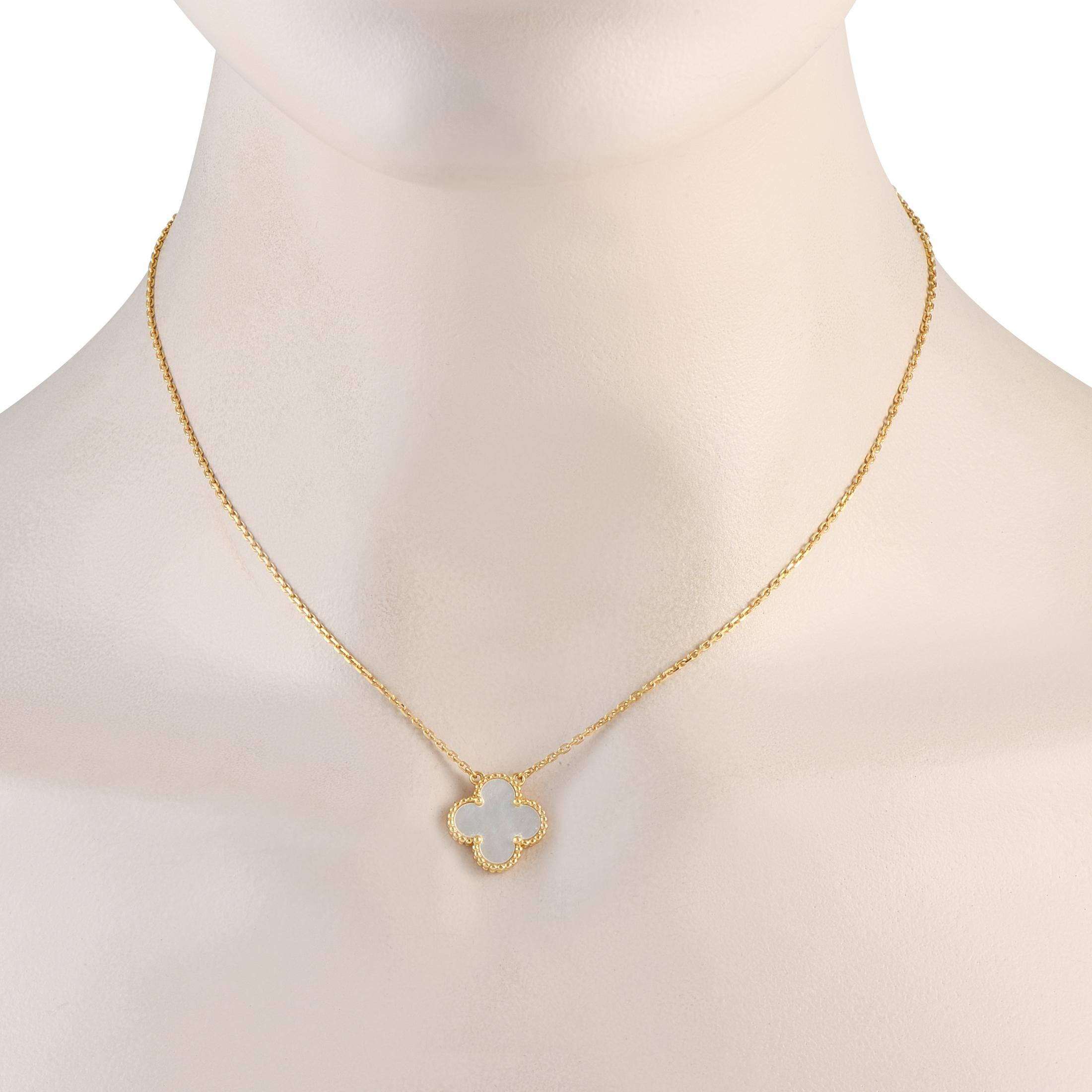 Despite its simplicity, this Van Cleef & Arpels Alhambra necklace exudes a timeless elegance. The luxury brands iconic clover-shaped symbol makes a statement at the center of this pieces delicate 16 chain. The pendant measures 0.50 round and comes