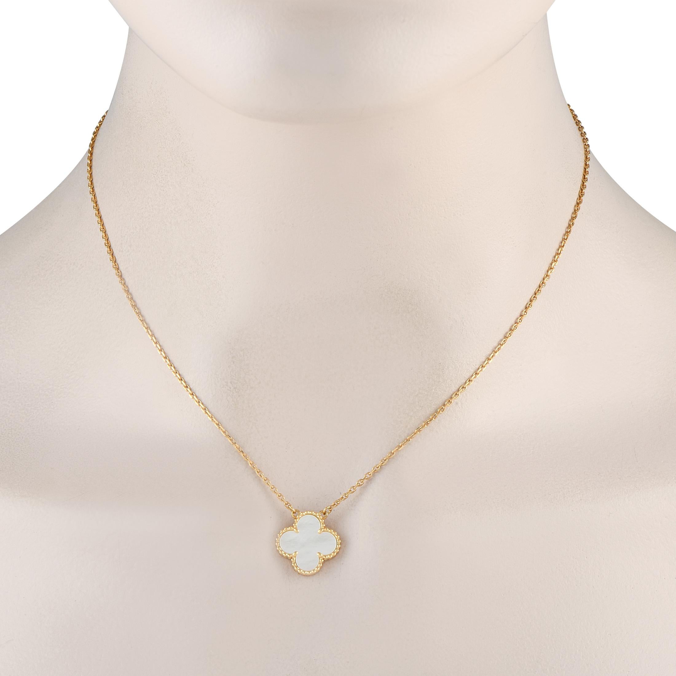 This Van Cleef & Arpels Alhambra necklace is an iconic piece with a timeless sense of style. At the center of the 16 chain, the classic clover-shaped pendant includes an inset Mother of Pearl center stone. The pendant measures 0.50 round and is