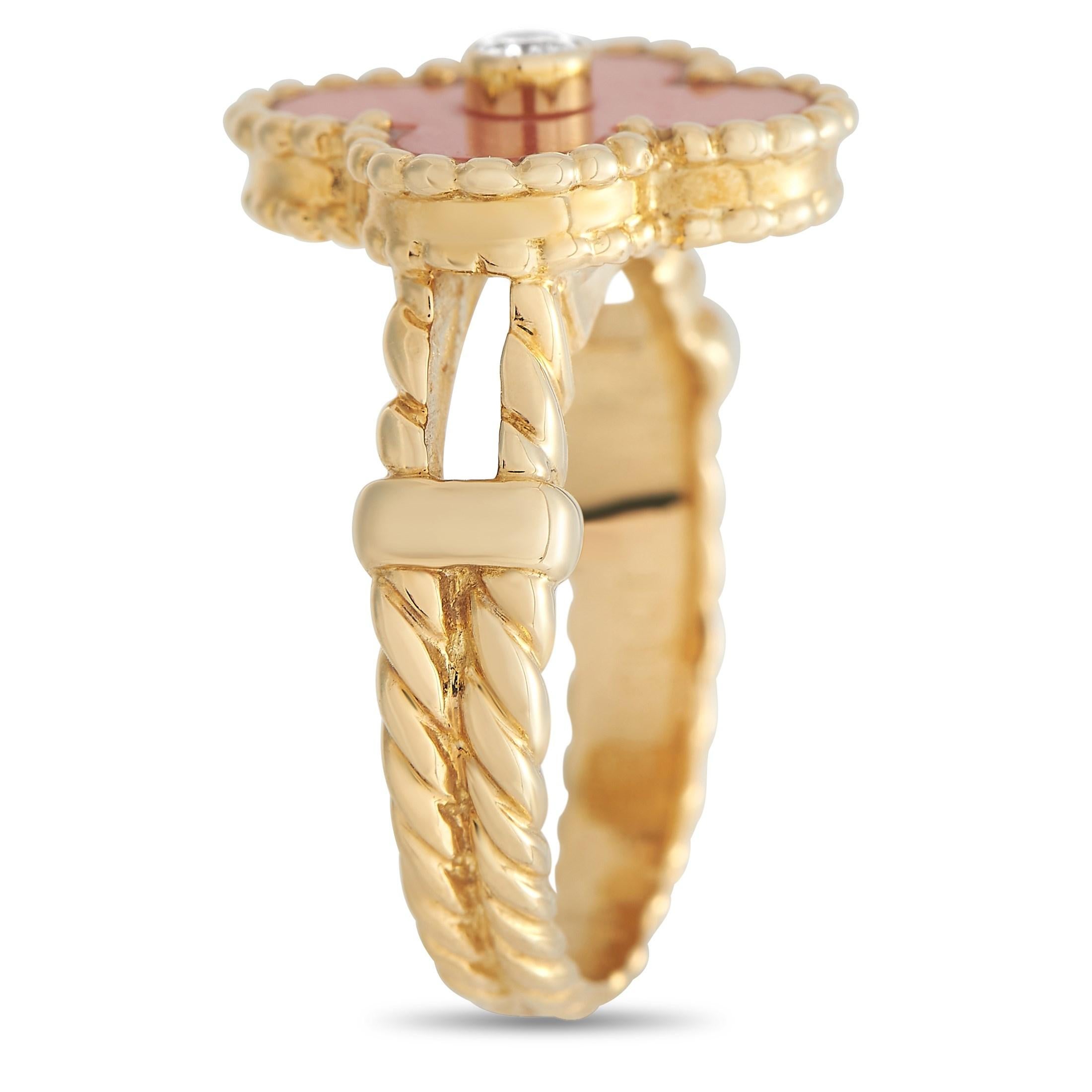 This Van Cleef & Arpels Alhambra ring is dynamic, eye-catching, and incredibly luxurious. A warm inset makes the brand’s iconic clover shape come to life, while a singular bezel-set stone at the center provides the perfect finishing touch. This