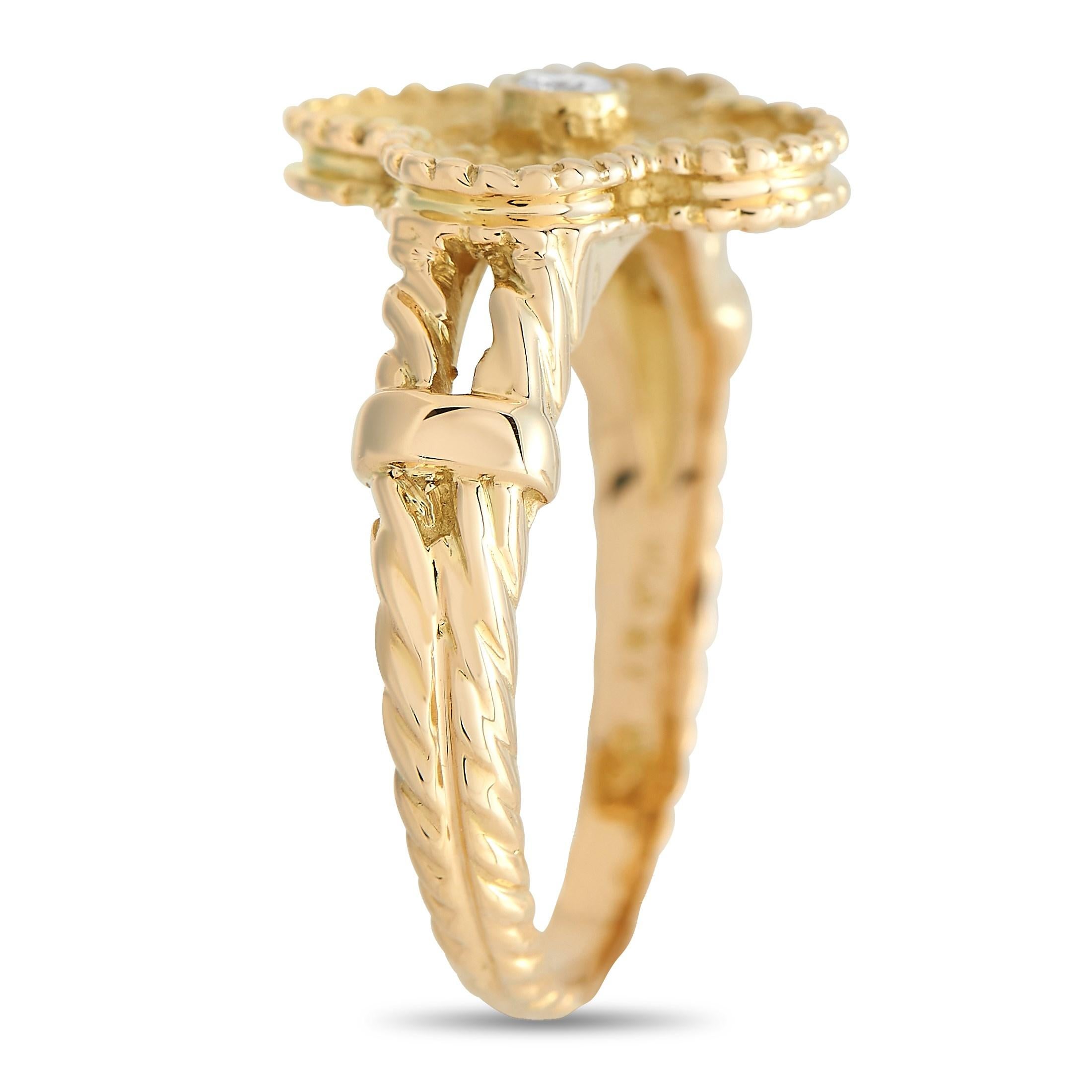 Clad in 18K yellow gold is this intricately crafted Van Cleef & Arpels Alhambra Ring. The band features a twisted rope profile with shoulders that subtly split to draw eyes toward the Alhambra centerpiece. The four-leaf clover-inspired motif has the
