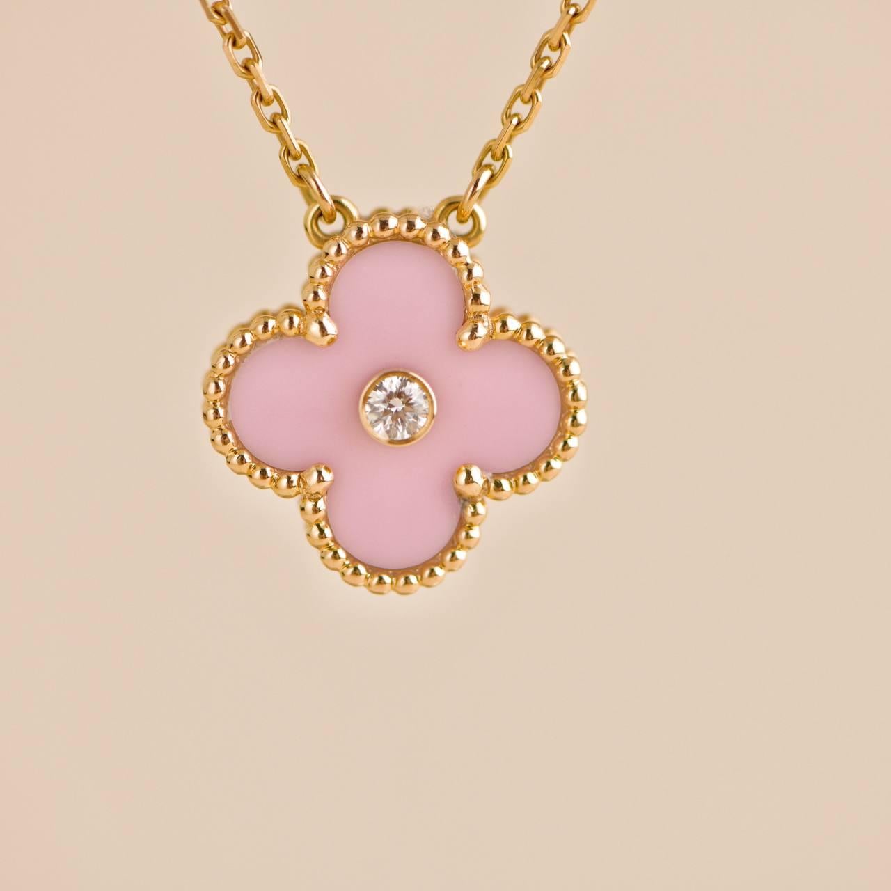 Van Cleef & Arpels Alhambra 2015 Diamond Pink Sèvres Porcelain Holiday Pendant In Excellent Condition In Banbury, GB