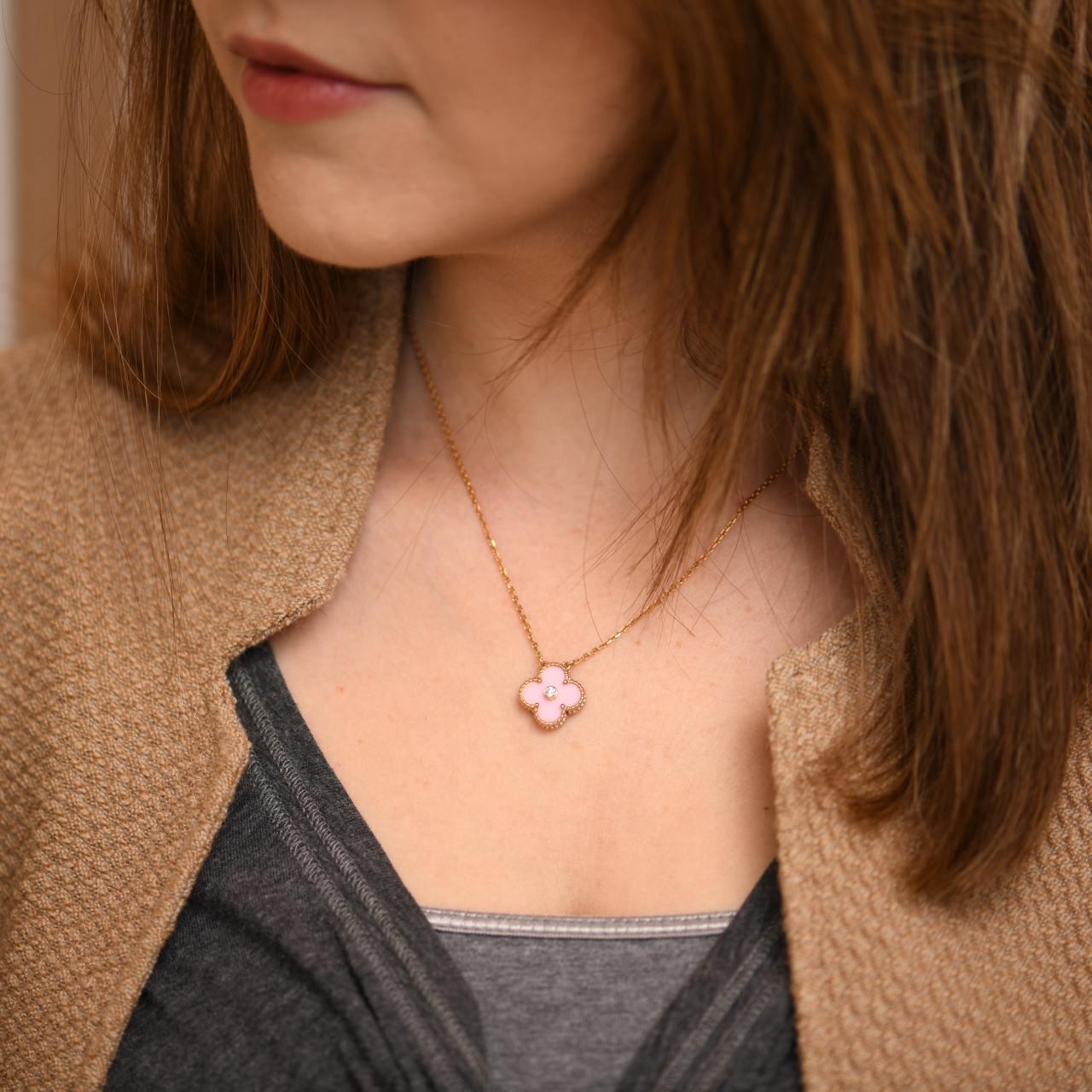 Round Cut Van Cleef & Arpels Alhambra 2015 Diamond Pink Sèvres Porcelain Holiday Pendant