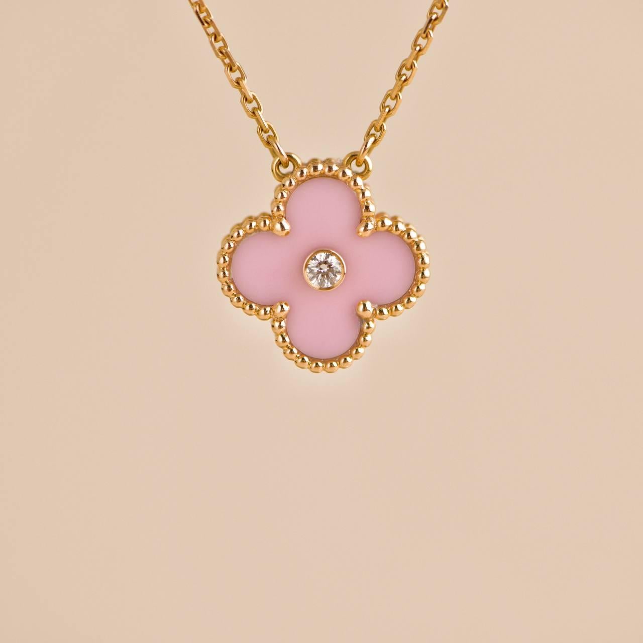 Women's or Men's Van Cleef & Arpels Alhambra 2015 Diamond Pink Sèvres Porcelain Holiday Pendant
