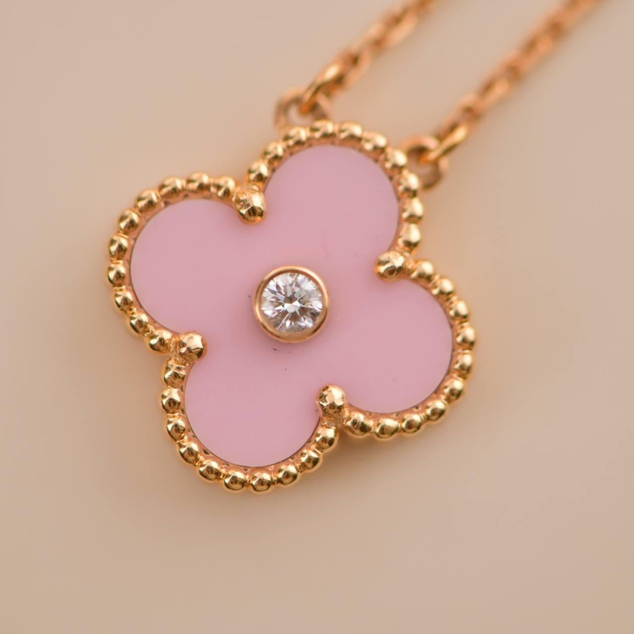 Van Cleef & Arpels Alhambra 2015 Holiday Diamond Pink Sèvres Porcelain Pendant In Excellent Condition In Banbury, GB