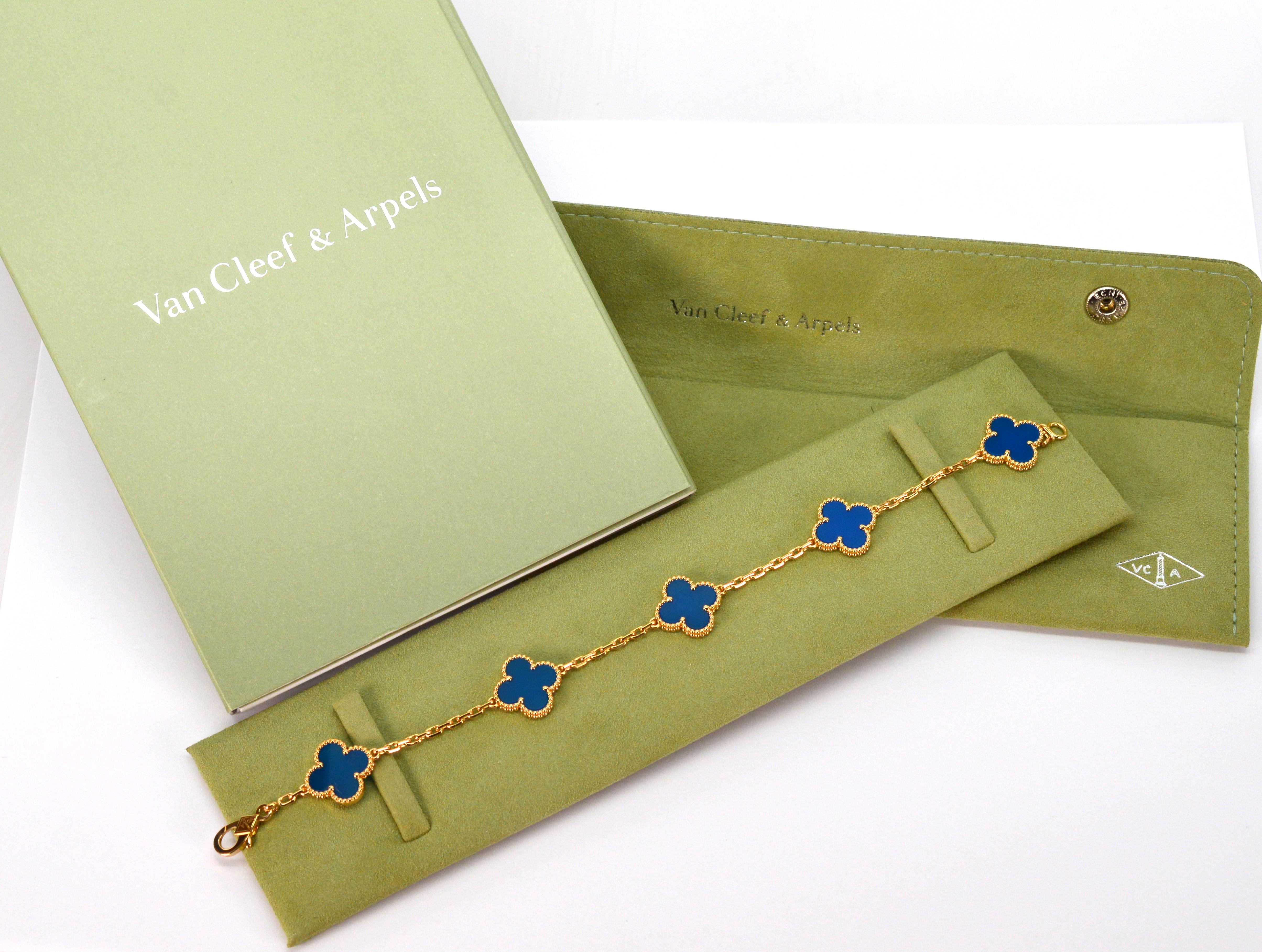 Bracciale Van Cleef & Arpels Alhambra 5 Motivi Agata Blu Oro Giallo 18 Carati 5