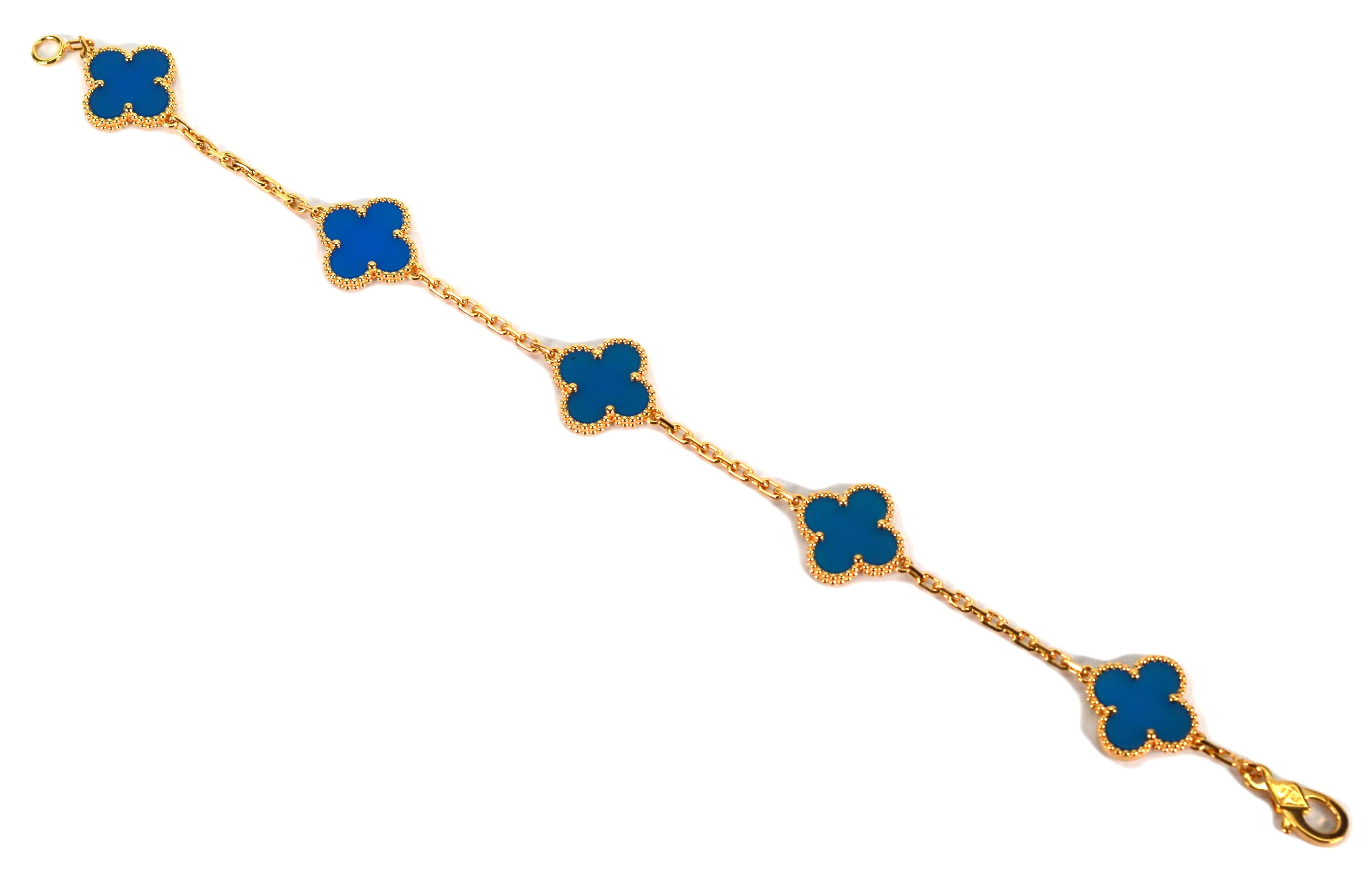Taglio misto Bracciale Van Cleef & Arpels Alhambra 5 Motivi Agata Blu Oro Giallo 18 Carati