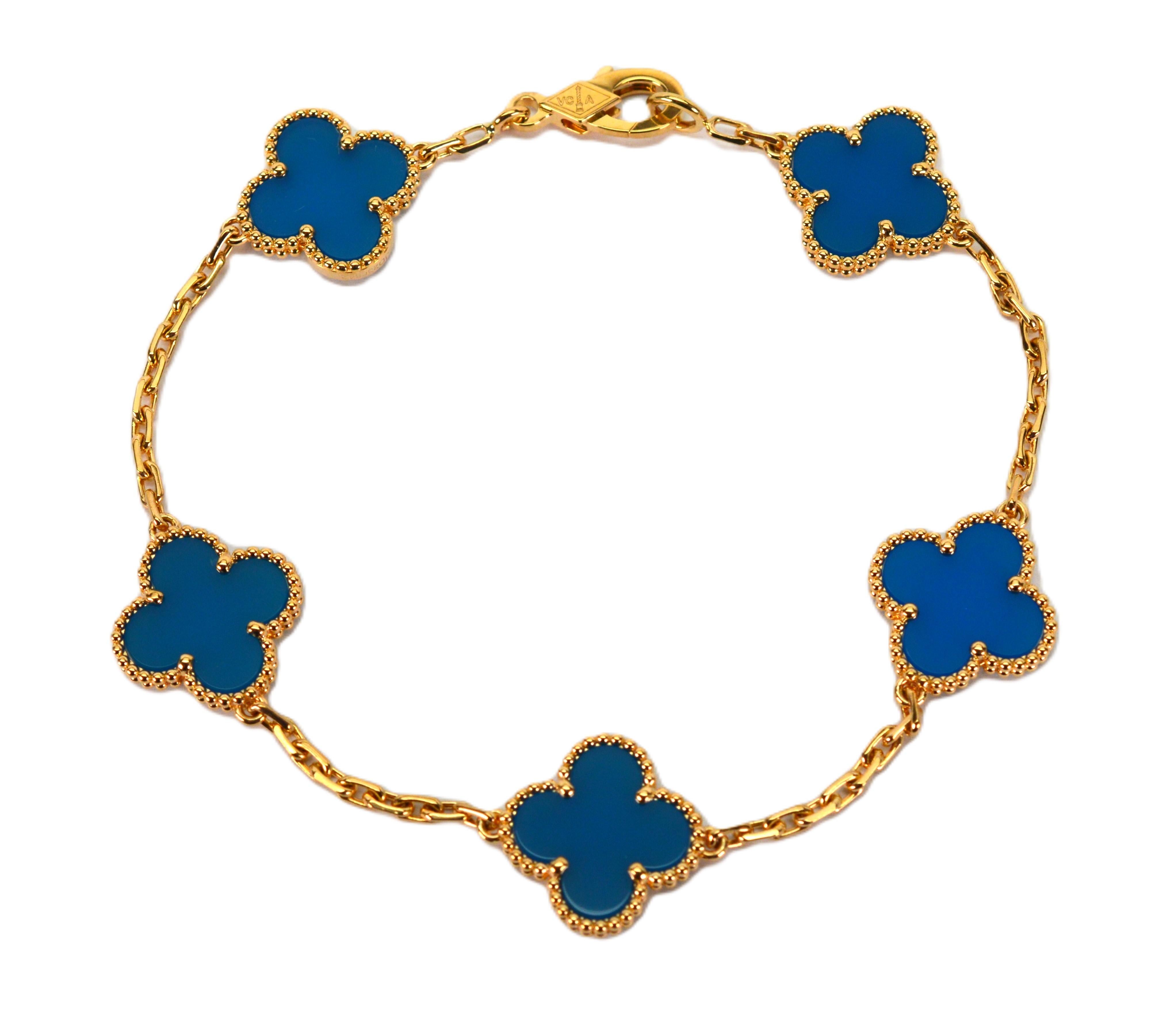 Bracciale Van Cleef & Arpels Alhambra 5 Motivi Agata Blu Oro Giallo 18 Carati 4
