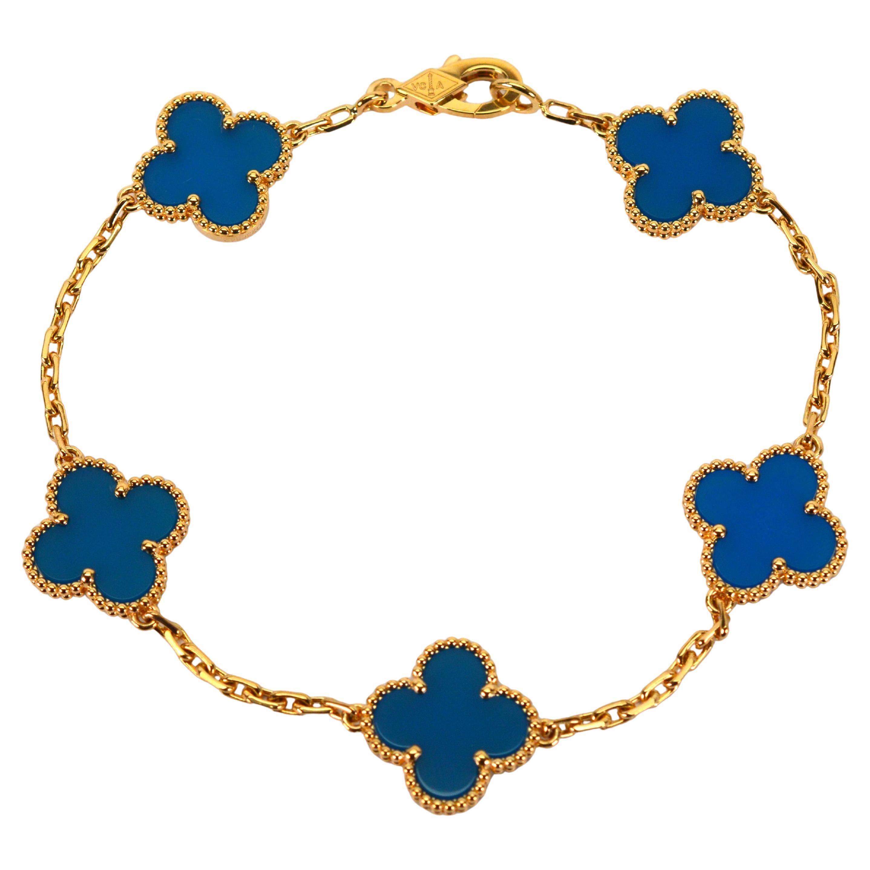 Bracciale Van Cleef & Arpels Alhambra 5 Motivi Agata Blu Oro Giallo 18 Carati