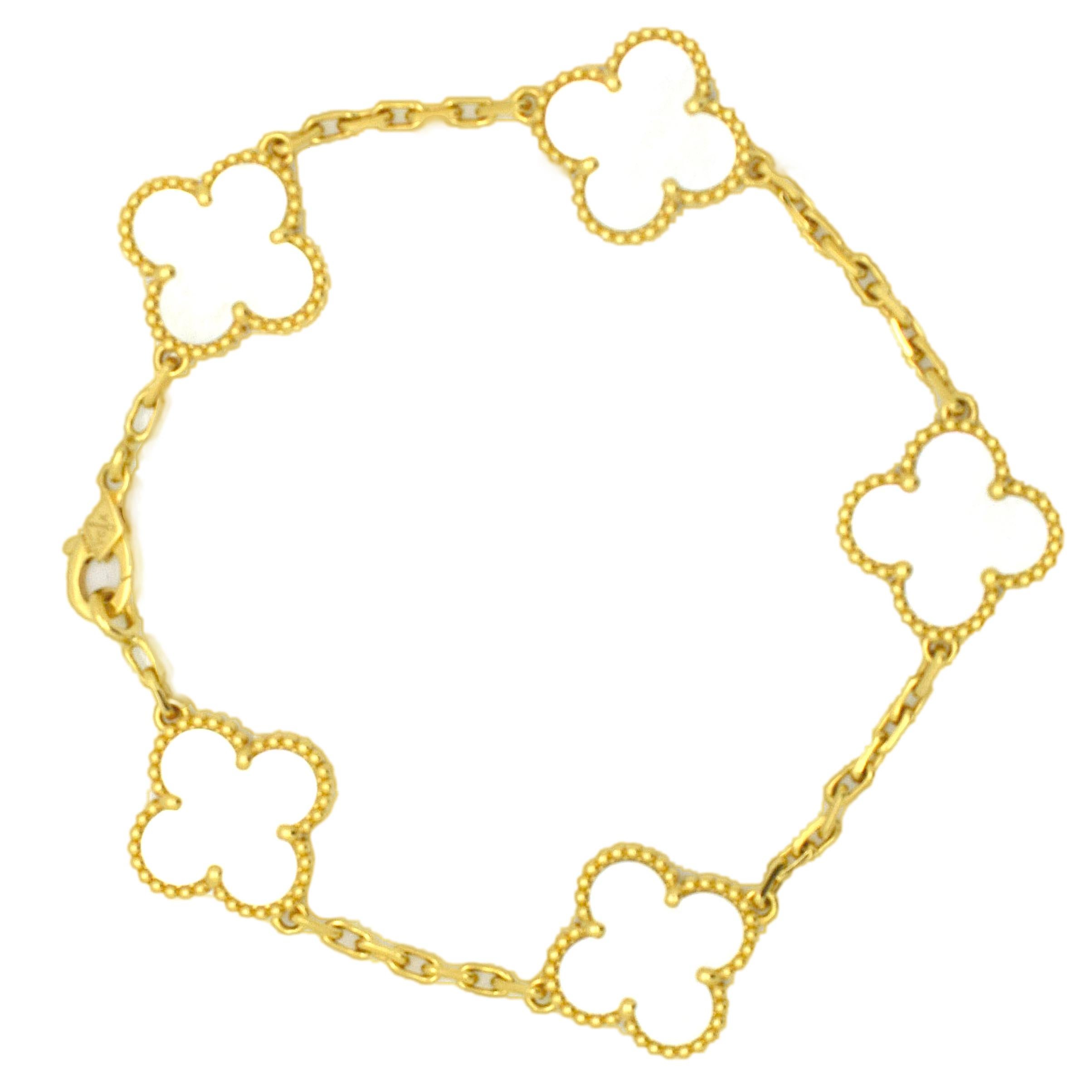 Van Cleef & Arpels Alhambra 5 Motif Bracelet 18 Karat Gold Mother of Pearl