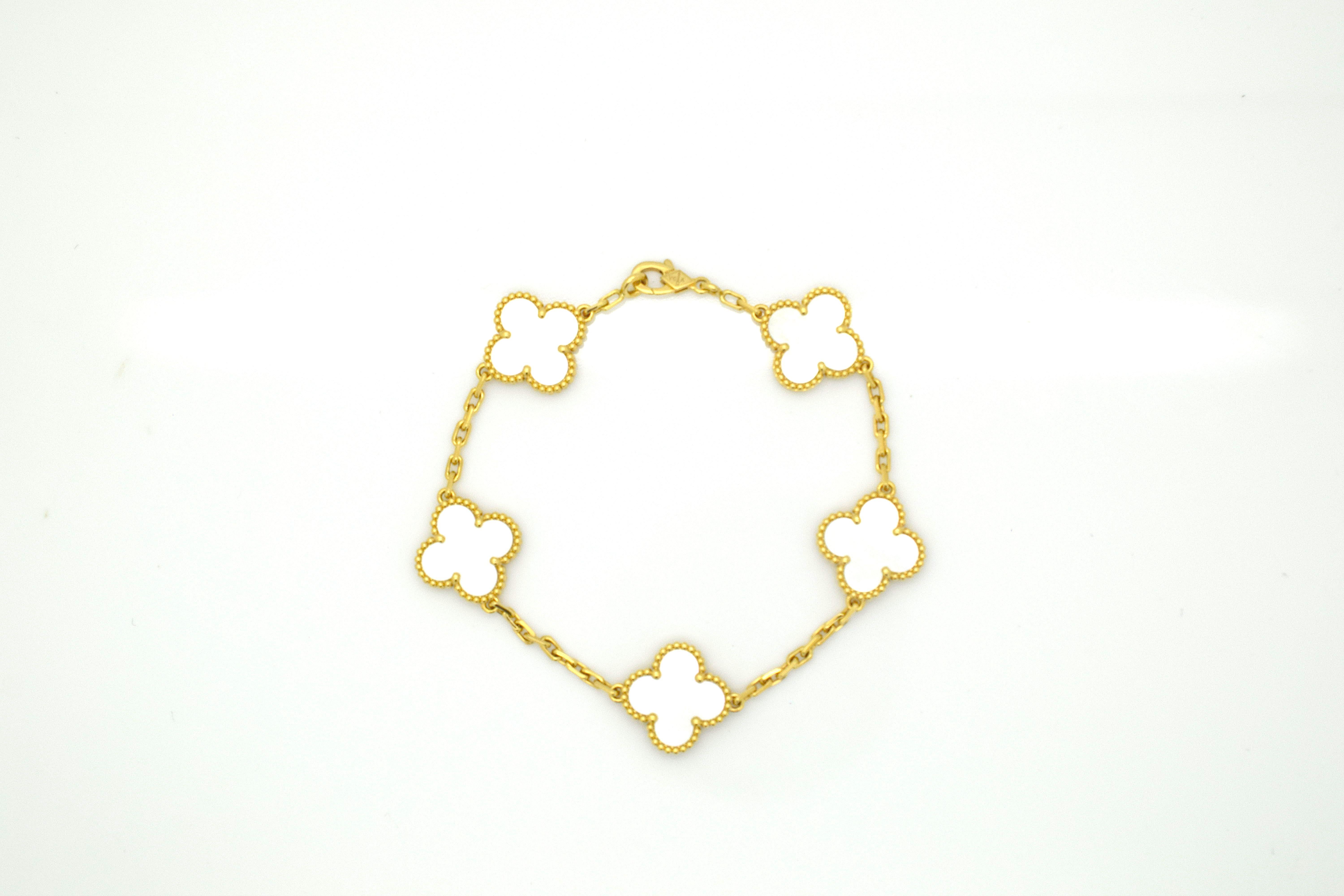 Modern Van Cleef & Arpels Alhambra 5 Motif Bracelet 18 Karat Gold Mother of Pearl