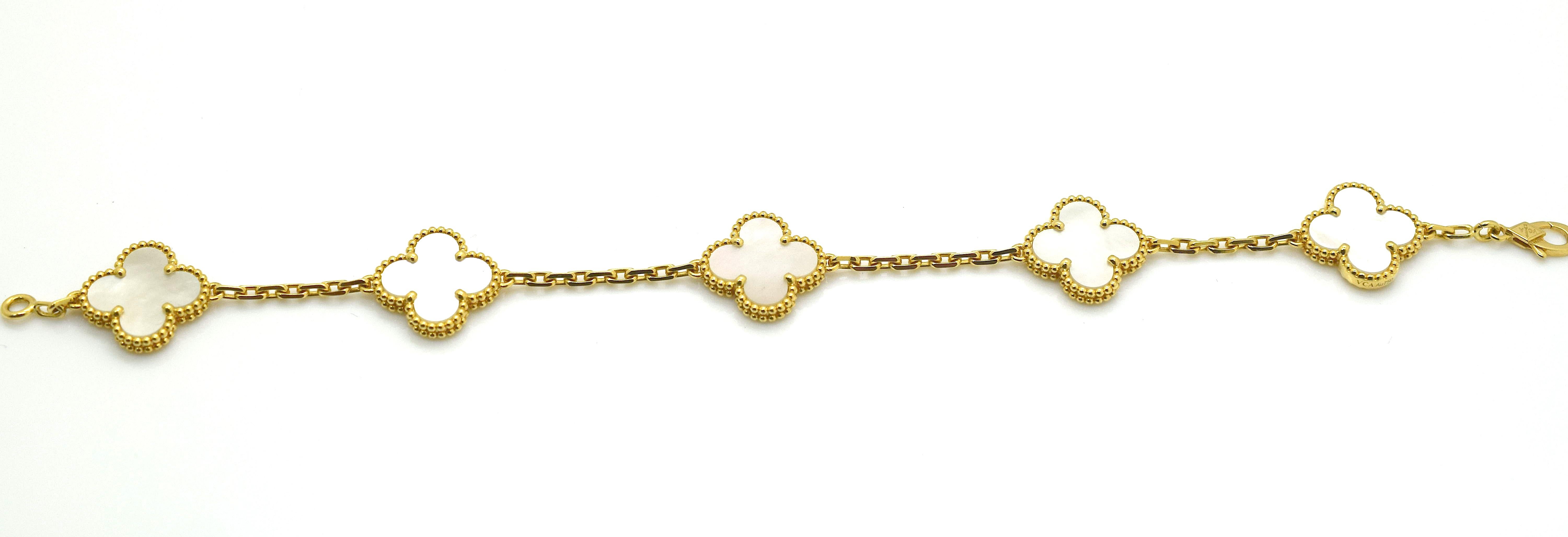 Van Cleef & Arpels Alhambra 5 Motif Bracelet 18 Karat Gold Mother of Pearl In Excellent Condition In MIAMI, FL