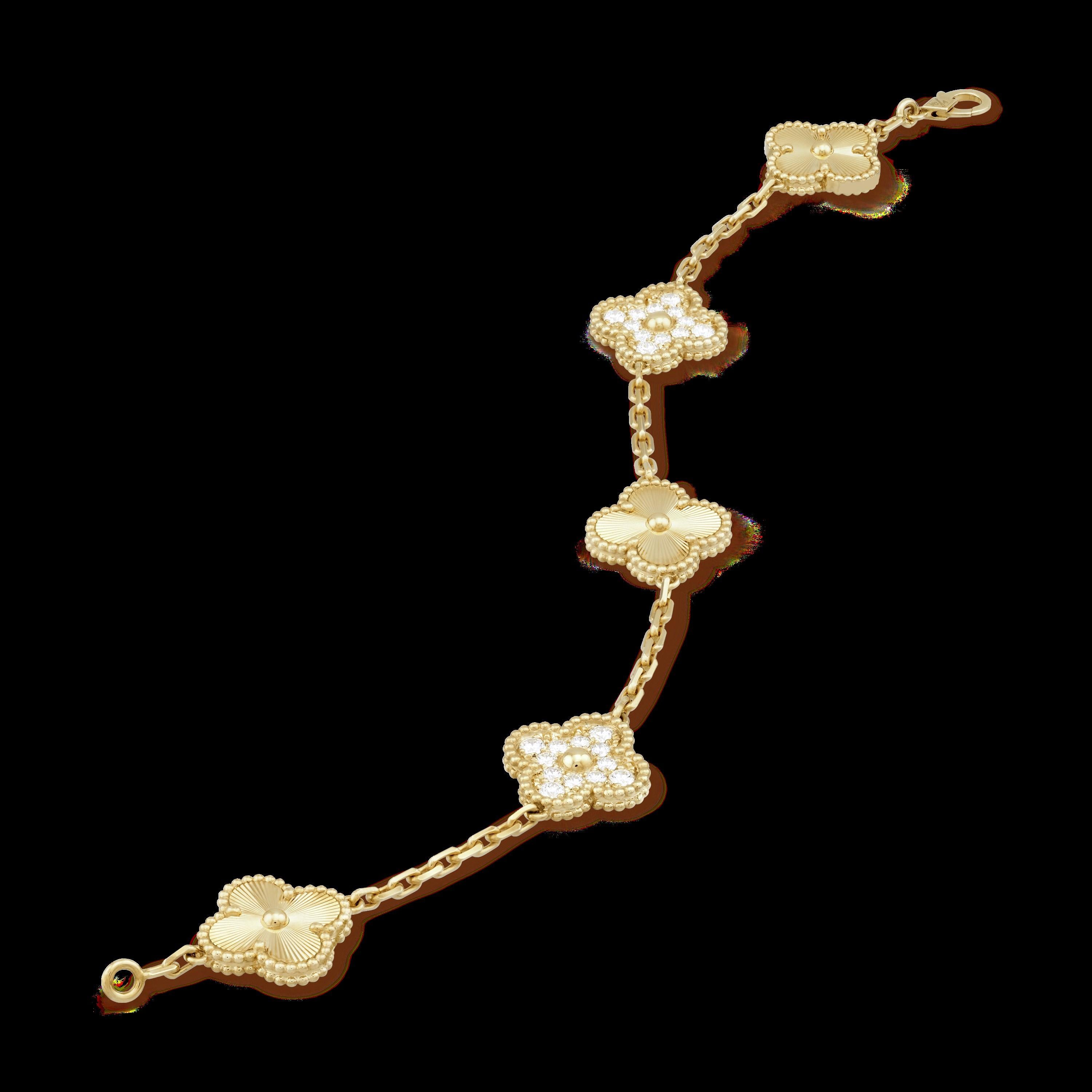 Van Cleef & Arpels Alhambra 5 motif Bracelet with  Diamonds and  18k Yellow Gold
The bracelet is made in 18k yellow gold and set with white diamonds that are D to F color and VS clarity. with 24 pave-set diamonds weighing approximately 1ct total