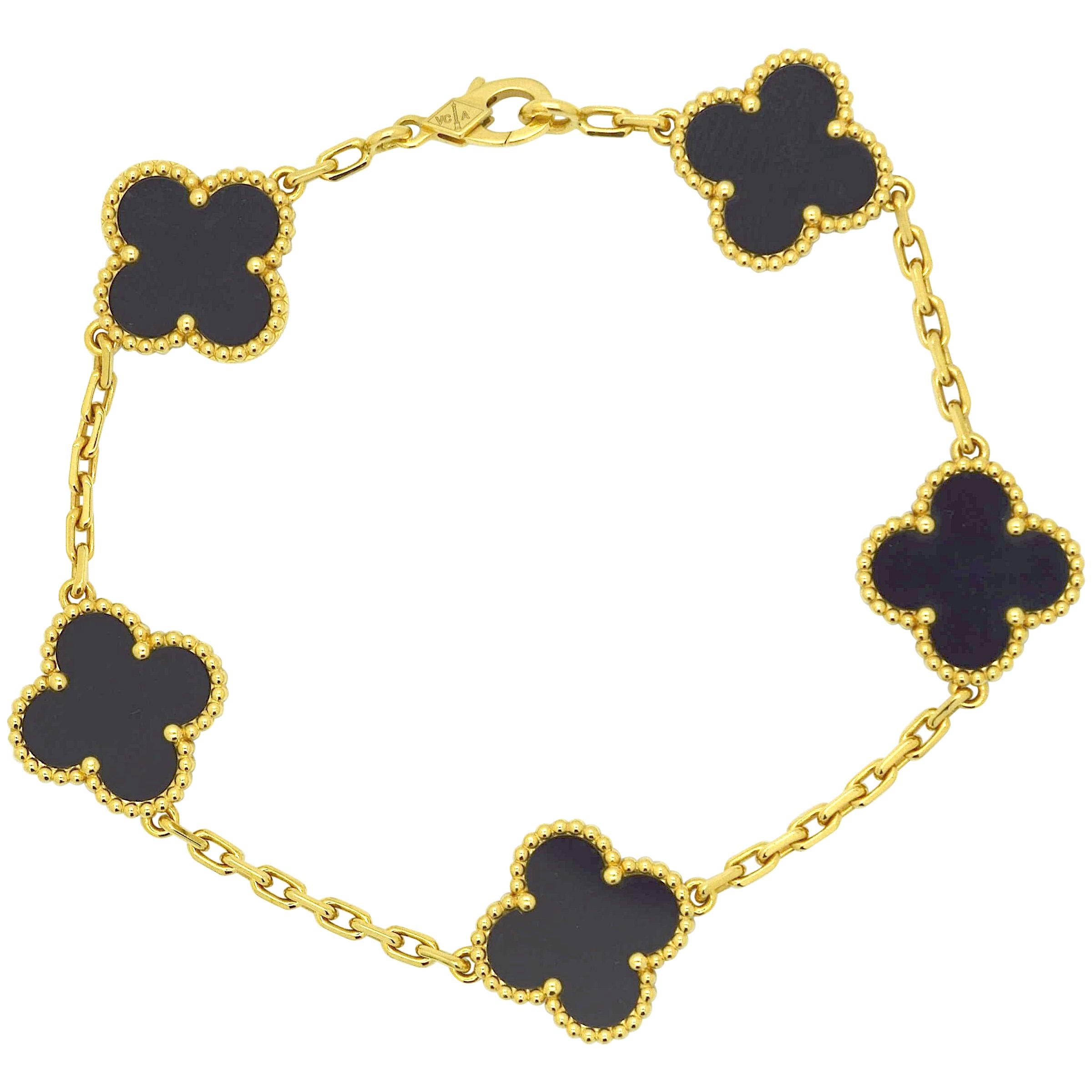 Van Cleef & Arpels Alhambra 5 Motif Bracelet Yellow Gold Black Onyx