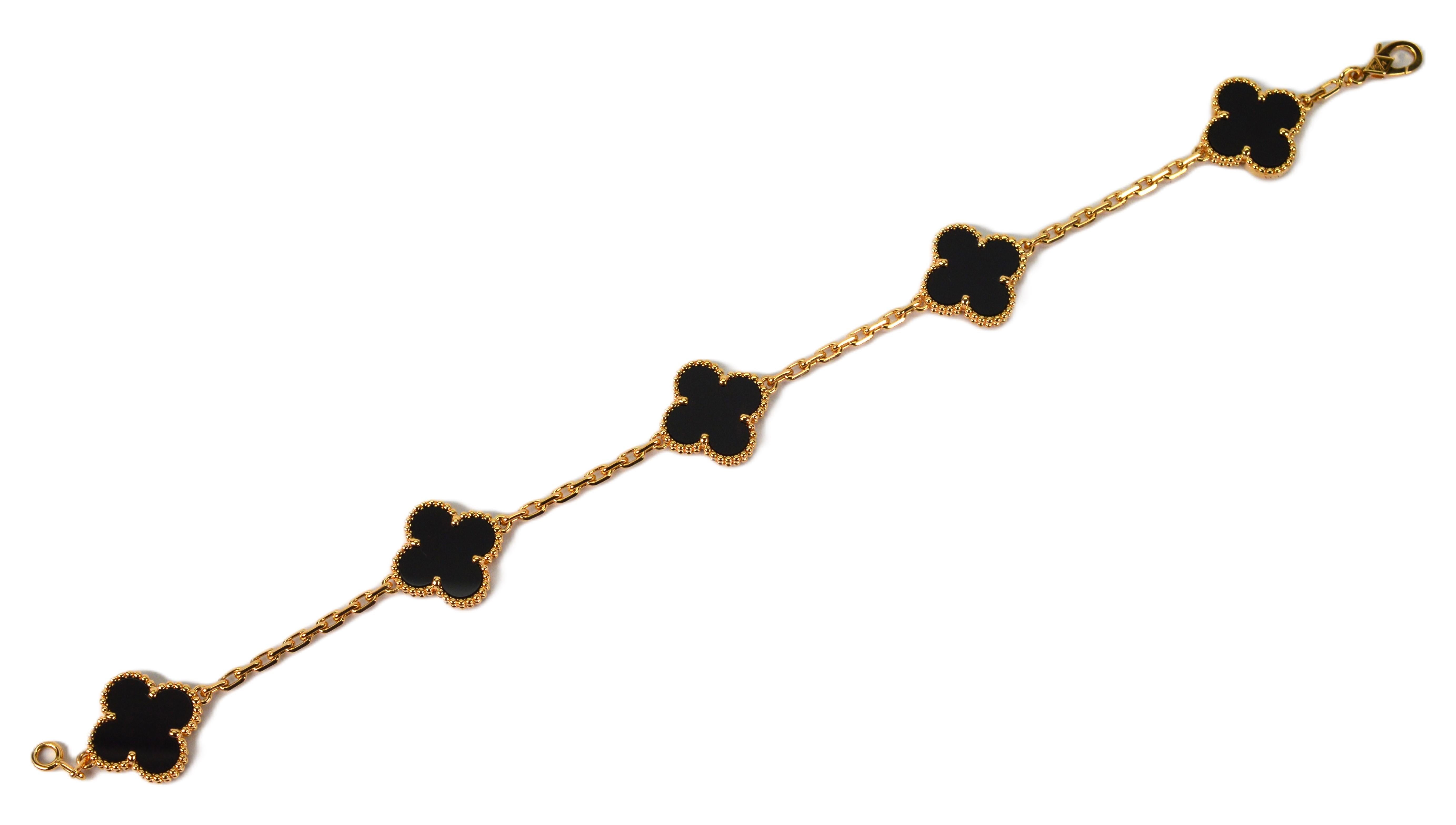 Mixed Cut Van Cleef & Arpels Alhambra 5-Motif Onyx 18 Karat Yellow Gold Bracelet For Sale