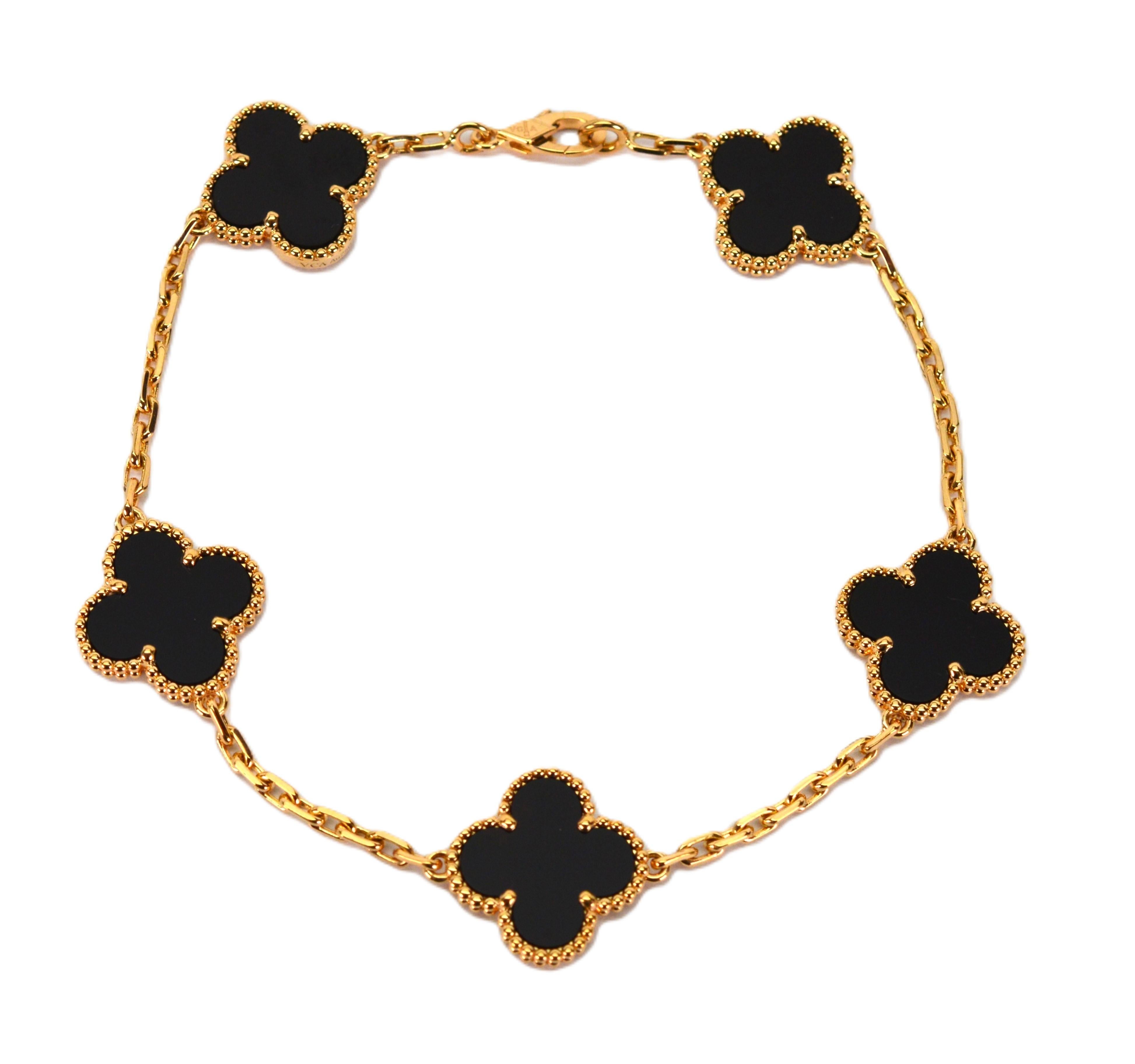 Van Cleef & Arpels Alhambra 5-Motif Onyx 18 Karat Yellow Gold Bracelet For Sale 2