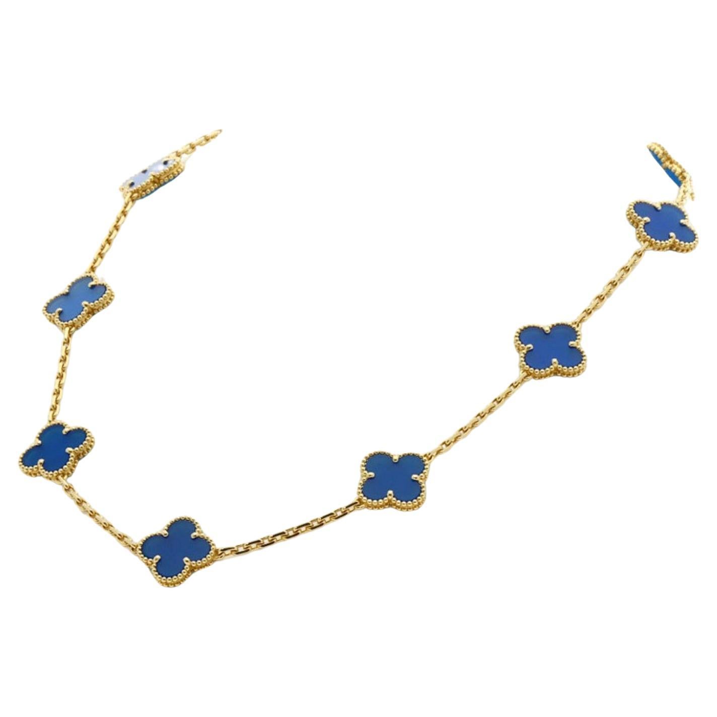 Van Cleef & Arpels Alhambra Blue Agate Necklace in 18K Yellow Gold For Sale