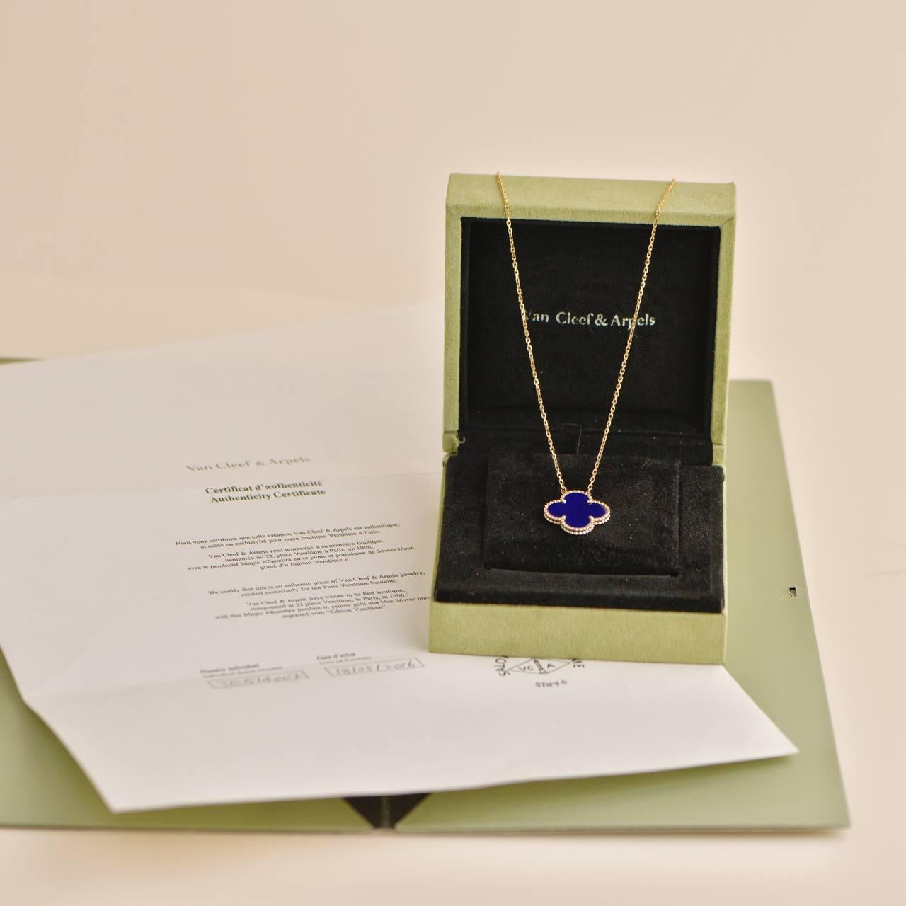 Rare Find and Investment 

This preloved Van Cleef & Arpels Vendome Edition Magic Alhambra Blue Sèvres Porcelain 18K Yellow Gold Necklace is a stunning fusion of artistry and luxury. This exclusive piece features the iconic Alhambra motif,