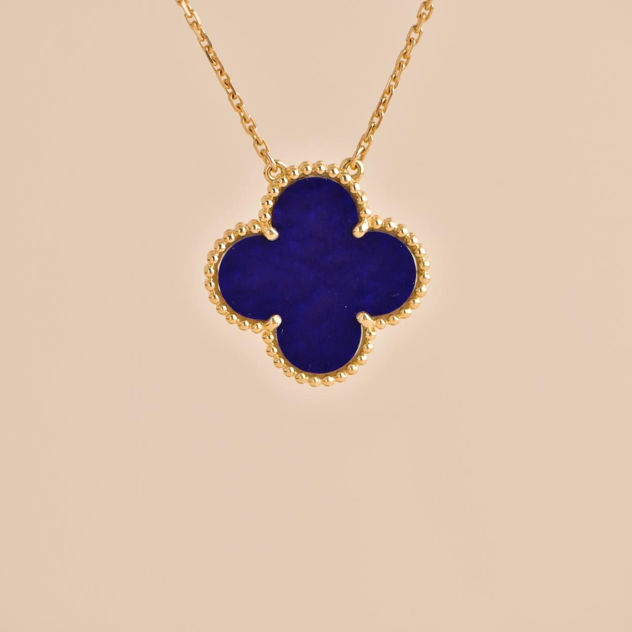 Van Cleef & Arpels Alhambra Blue Sevres Porcelain 18K Yellow Gold Necklace For Sale 1