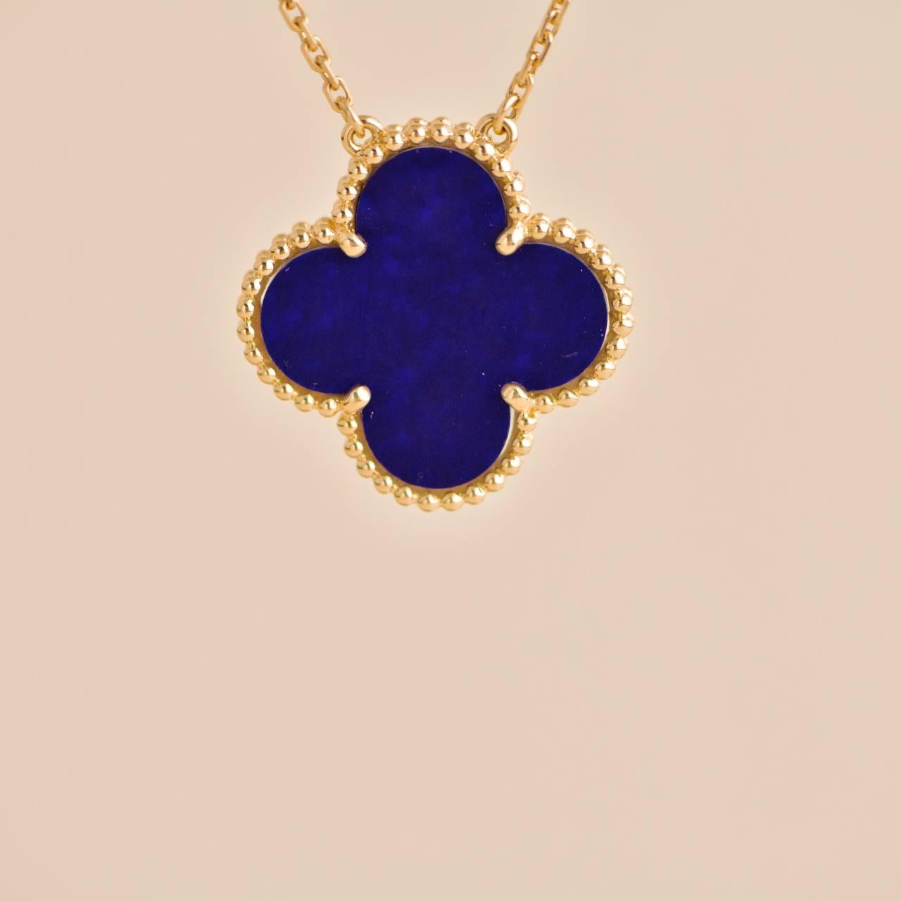 Van Cleef & Arpels Alhambra Blue Sevres Porcelain 18K Yellow Gold Necklace For Sale 2