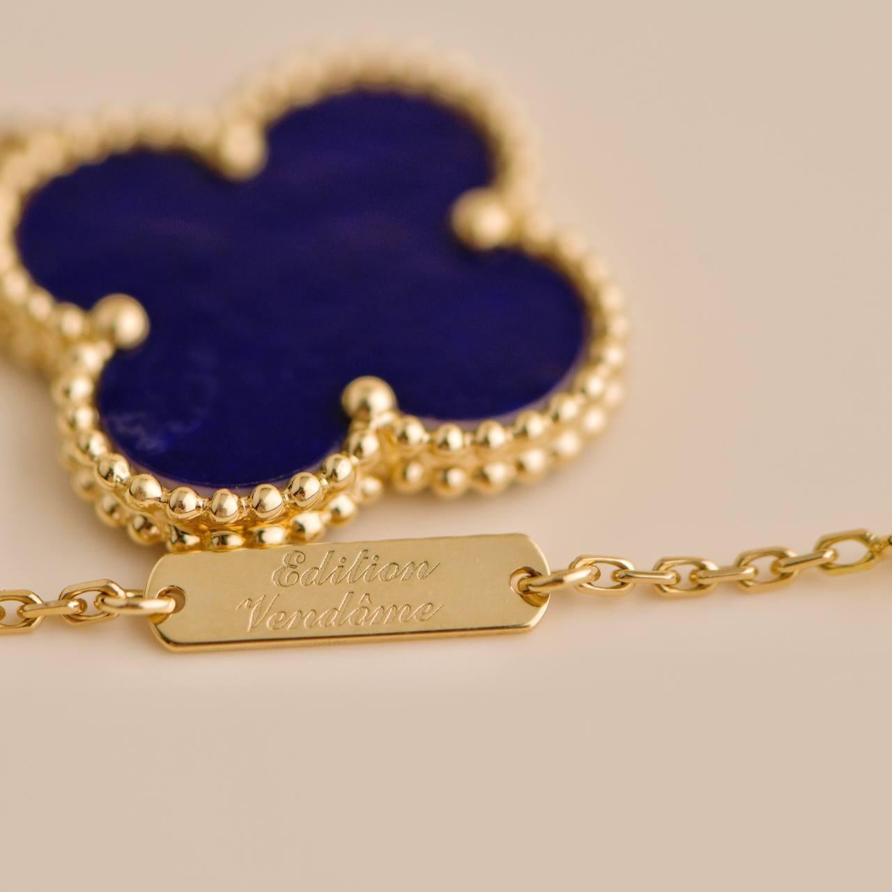 Van Cleef & Arpels Alhambra Blue Sevres Porcelain 18K Yellow Gold Necklace For Sale 4