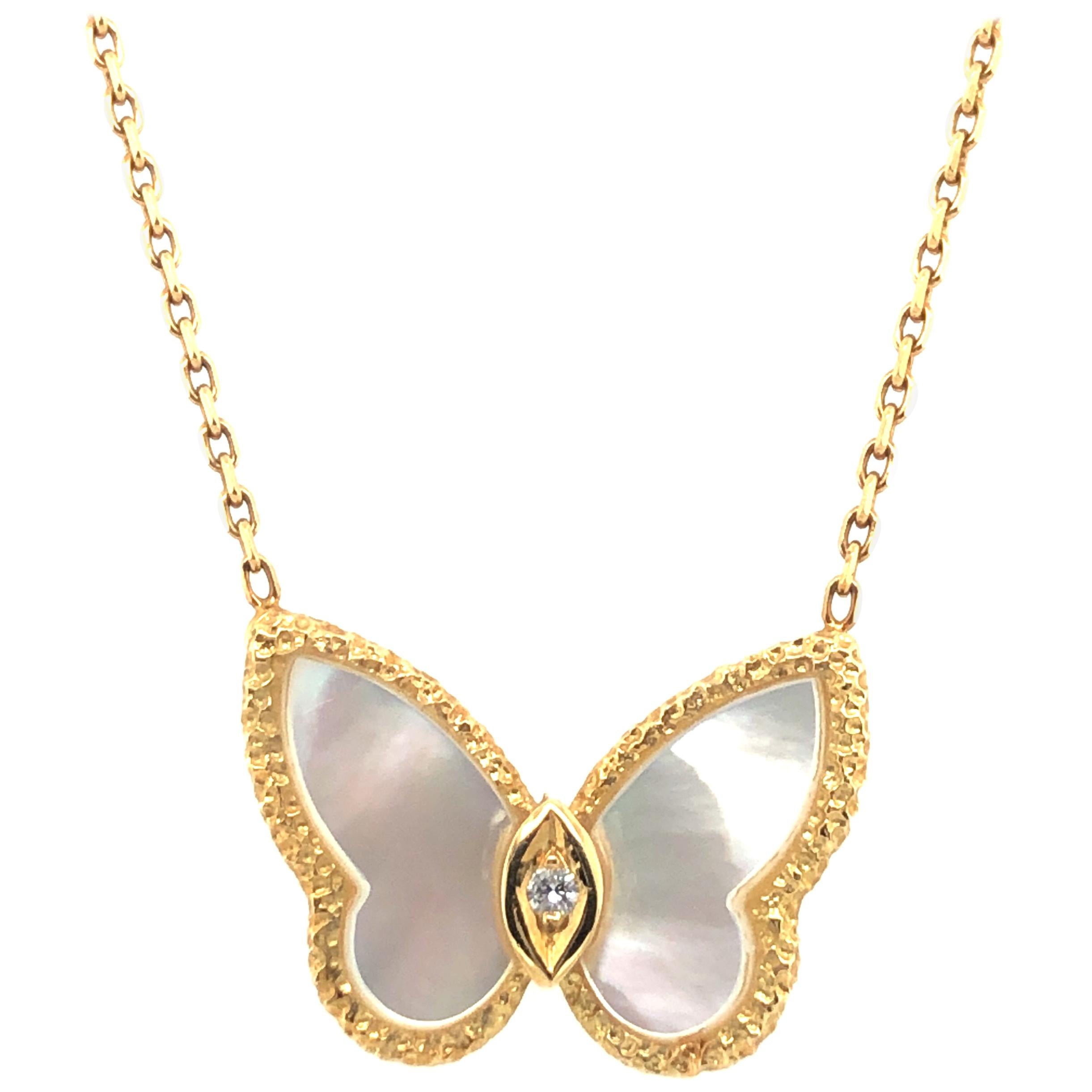 Van Cleef & Arpels Alhambra Butterfly Mother of Pearl and Diamond Necklace