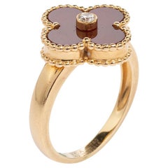 Van Cleef & Arpels Alhambra Carnelian 18K Yellow Gold Diamond Ring Size EU 52