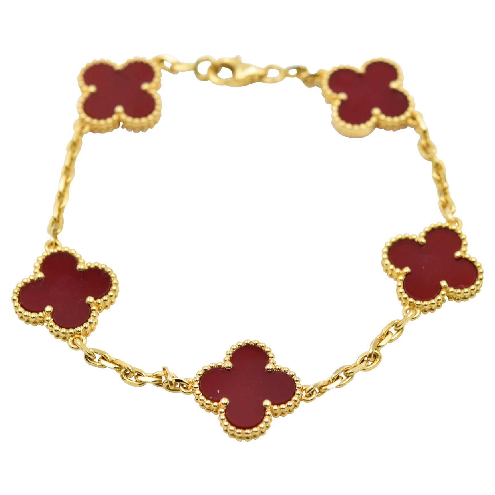 Van Cleef & Arpels Alhambra Carnelian 5 Motif Bracelet in 18 Karat Yellow Gold
