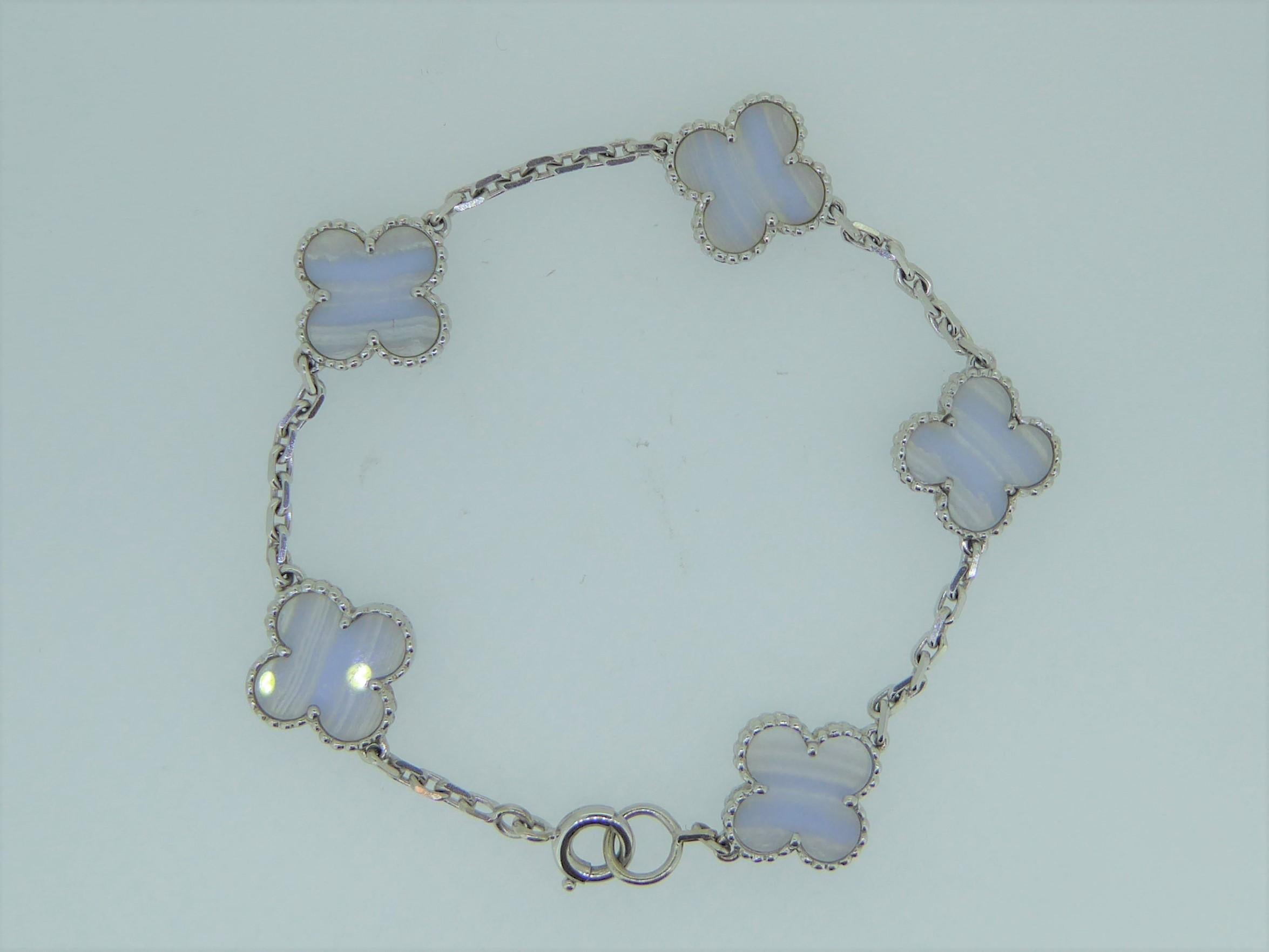 A Van Cleef and Arpels Alhambra chalcedony 18ct white gold bracelet. With 5 motifs of chalcedony stones approximately 1.4cm each. Marked 