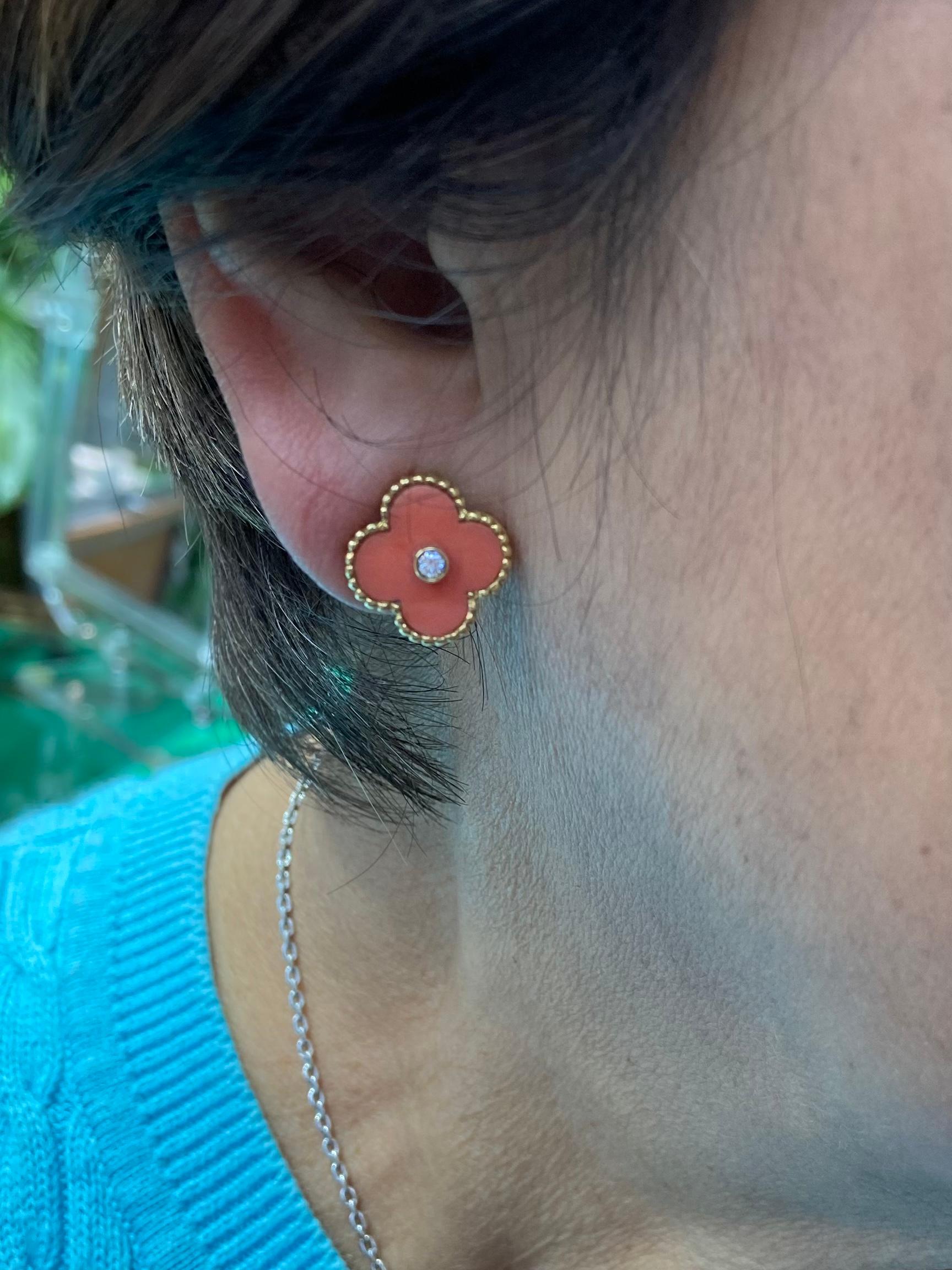 Round Cut Van Cleef & Arpels Alhambra Coral Diamond Gold Clip On Earrings