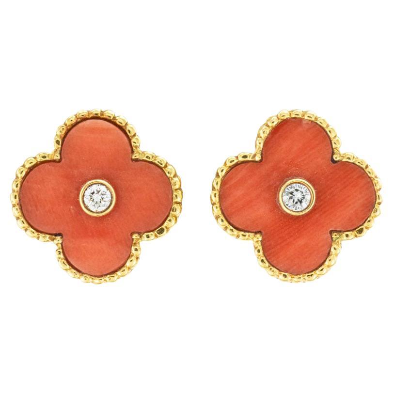 Van Cleef & Arpels Alhambra Coral Diamond Gold Clip On Earrings