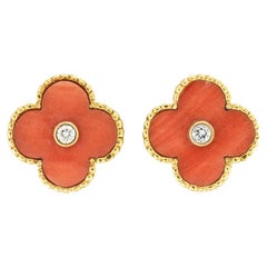 Van Cleef & Arpels Alhambra Coral Diamond Gold Clip On Earrings