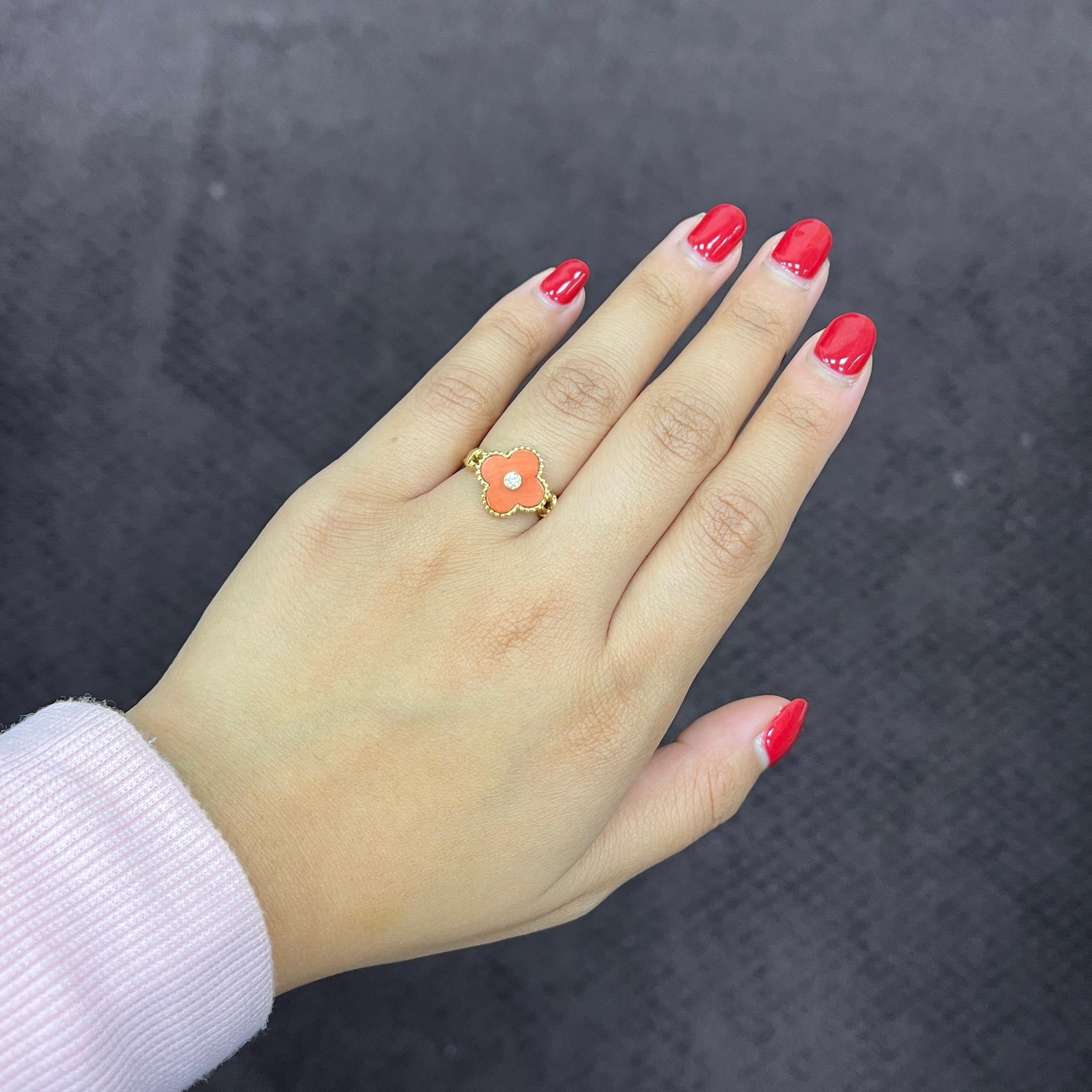 Round Cut Van Cleef & Arpels Alhambra Coral Diamond Ring For Sale