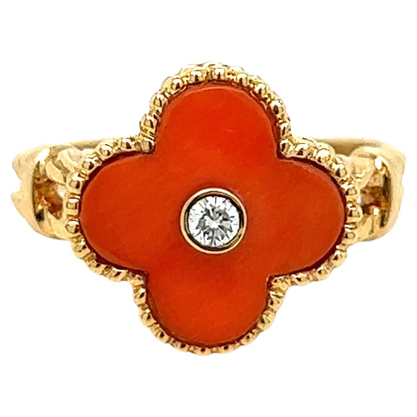 Van Cleef & Arpels Alhambra Coral Diamond Ring For Sale