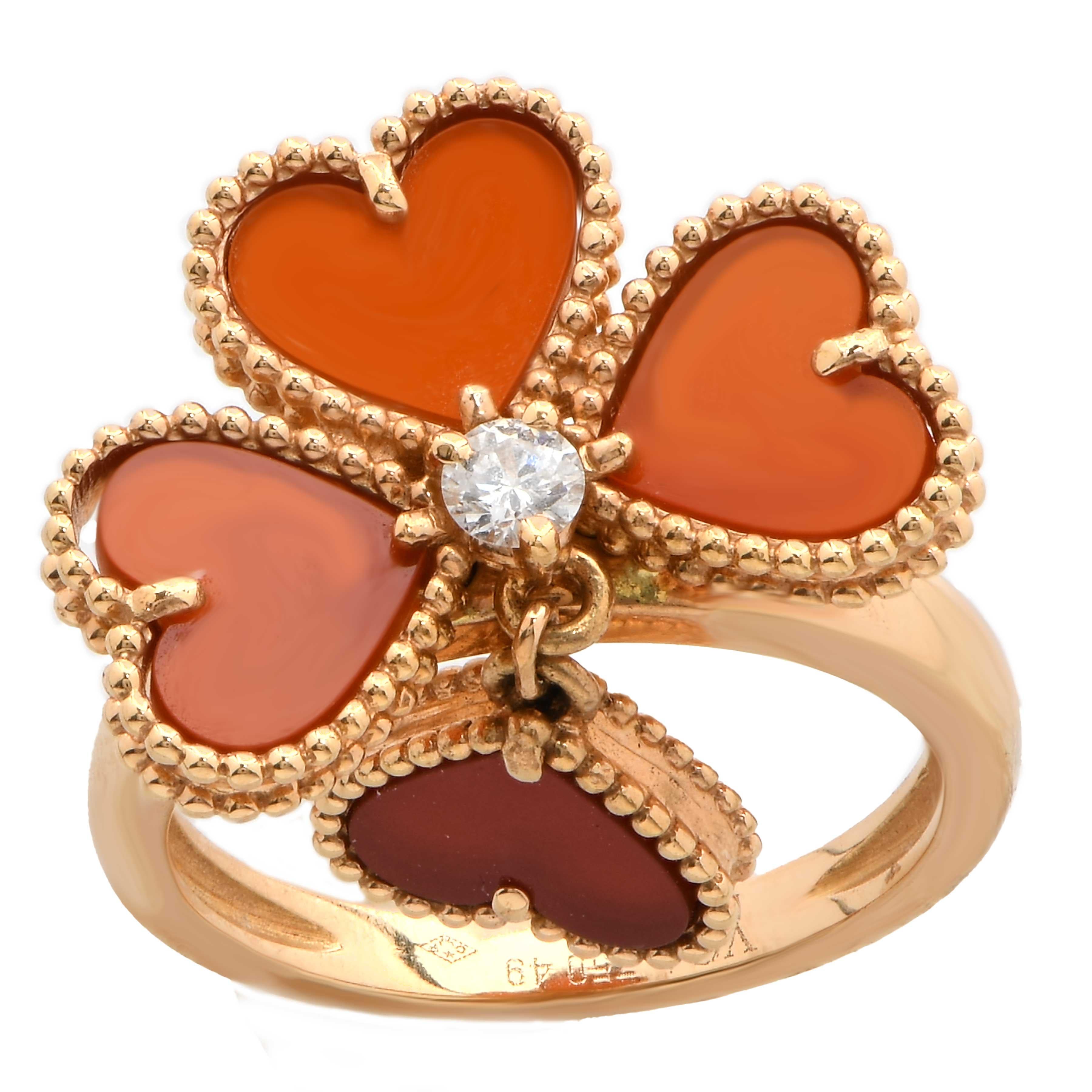 Van Cleef & Arpels Alhambra Cornelian and Diamond 18 Karat Yellow Gold Ring In Good Condition For Sale In Bay Harbor Islands, FL