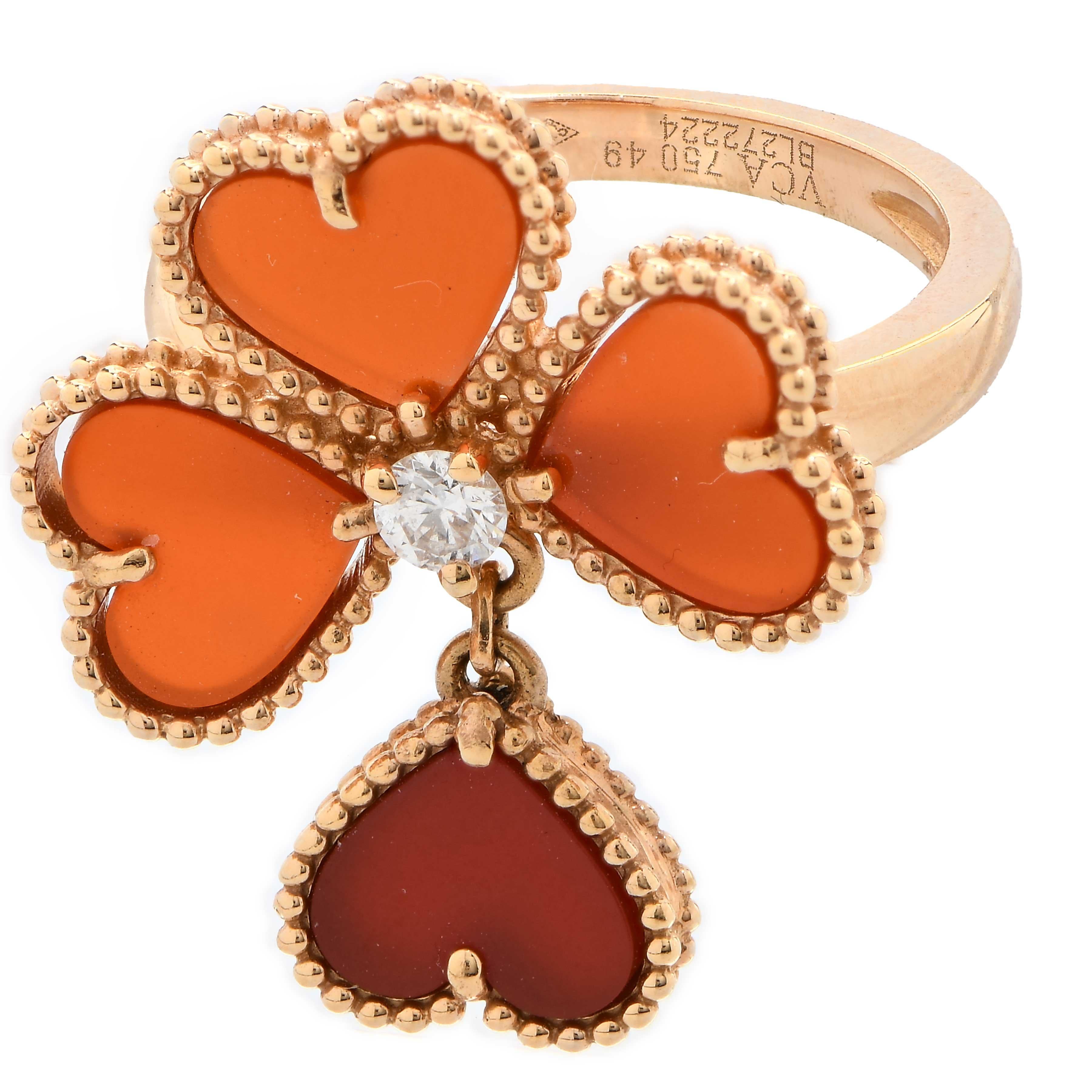 Women's Van Cleef & Arpels Alhambra Cornelian and Diamond 18 Karat Yellow Gold Ring For Sale
