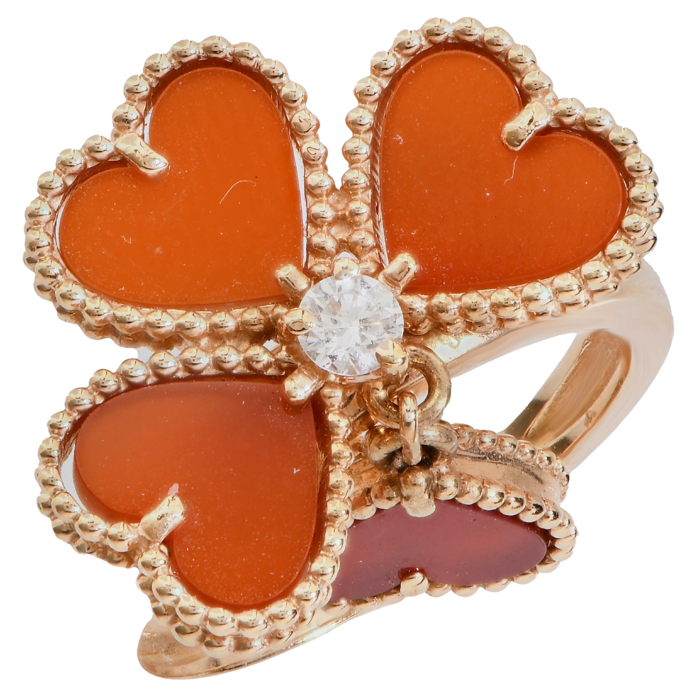 Van Cleef & Arpels Alhambra Cornelian and Diamond 18 Karat Yellow Gold Ring