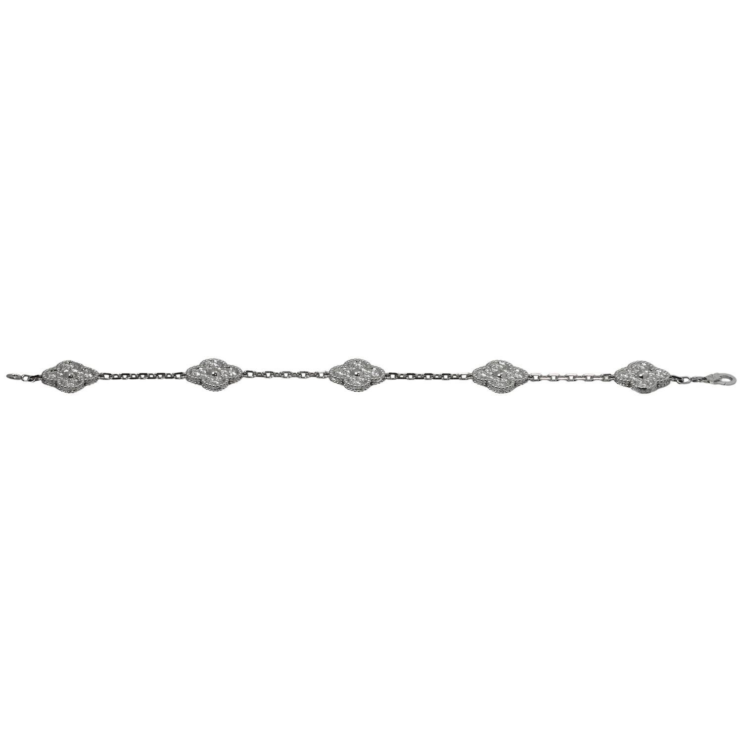 VAN CLEEF & ARPELS Alhambra Diamond 18k White Gold 5 Motif Bracelet For Sale 3