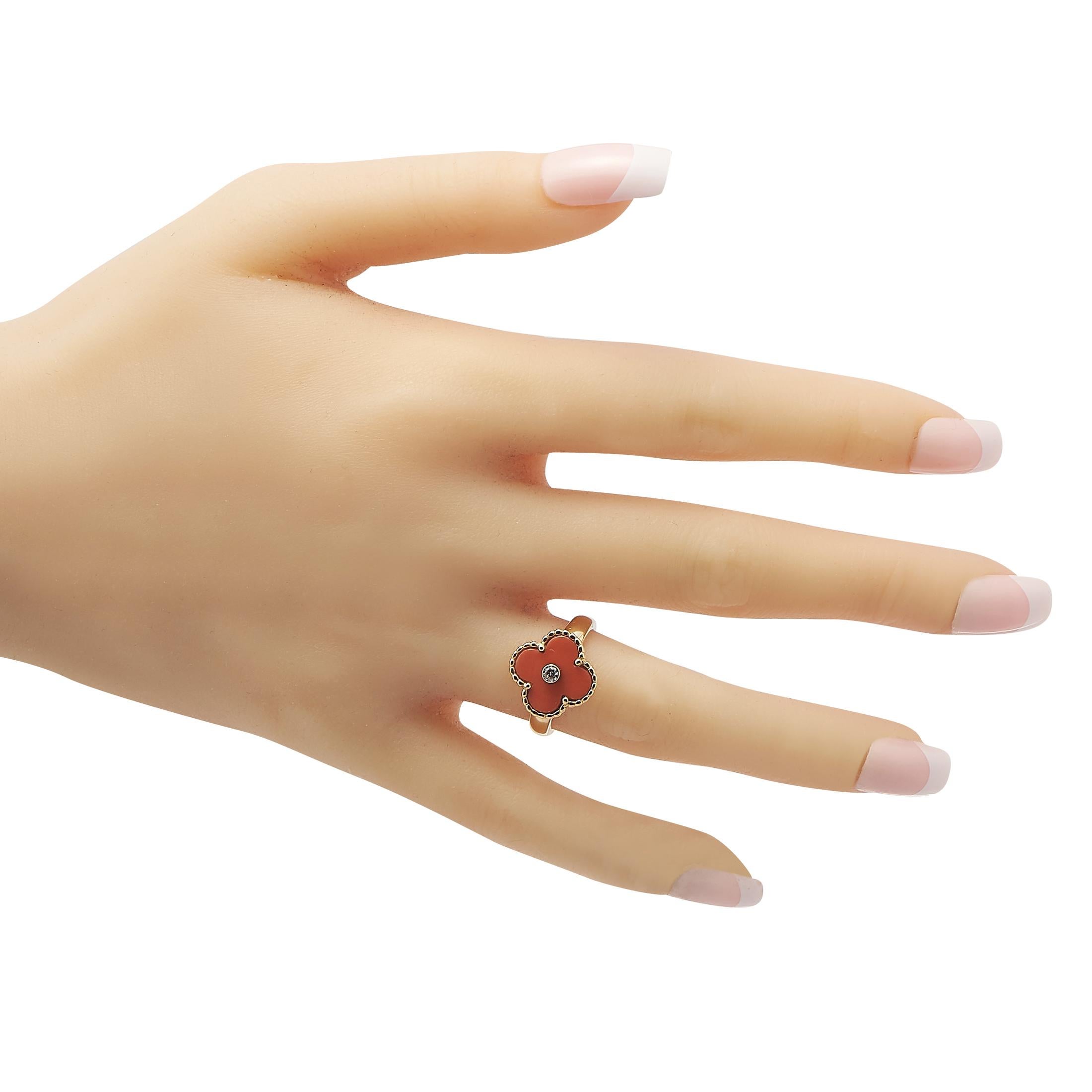 Round Cut Van Cleef & Arpels Alhambra Diamond and Coral Ring 