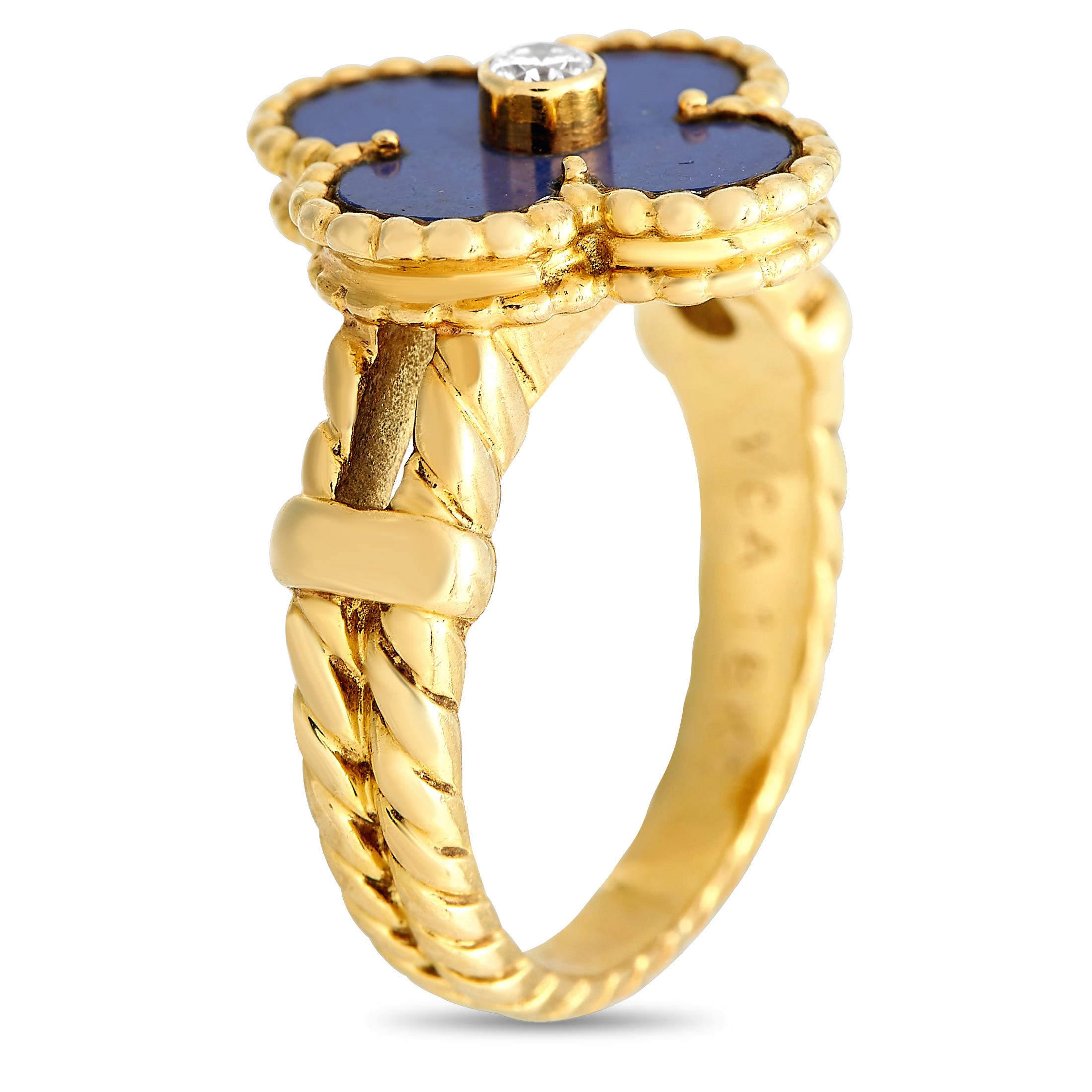 Looking for a subtle yet stylish accessory to add color to your outfits? Then get this Van Cleef & Arpels diamond and lapis lazuli Alhambra ring. It is designed with a yellow gold band and an Alhambra motif centerpiece complete with beaded edges, a
