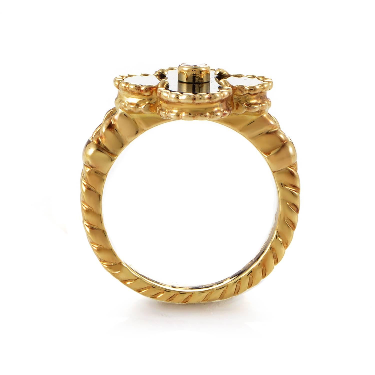Fortune and luxury exude a pronounced presence in this fine design from Van Cleef & Arpels. 18K yellow gold is spun into twin arcing ropes. The trejectory of the band's detailed strength and texture leads to a summit of onyx pooling neatly into the