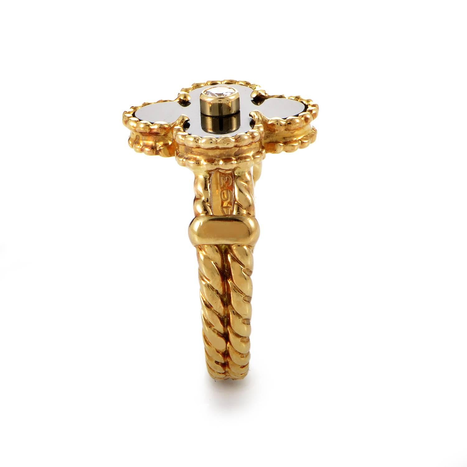 Round Cut Van Cleef & Arpels Alhambra Diamond and Onyx Gold Ring