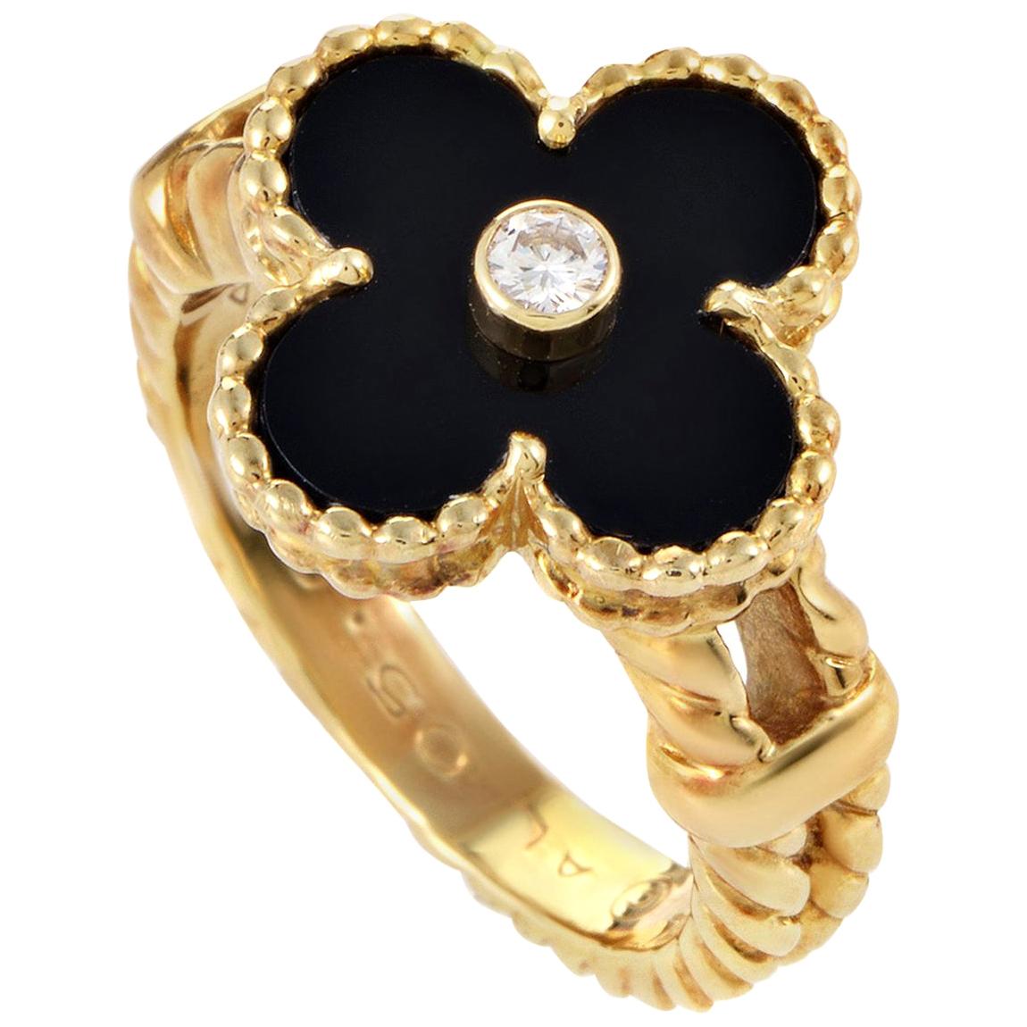 Van Cleef & Arpels Alhambra Diamond and Onyx Gold Ring