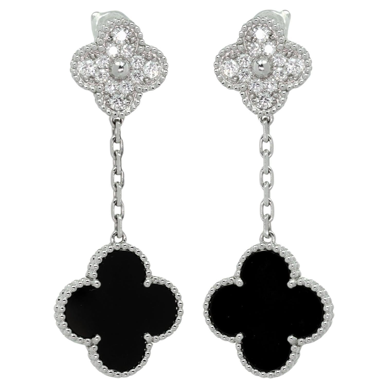 VAN CLEEF & ARPELS Alhambra Diamond Black Onyx White Gold 2 Motif Earrings 