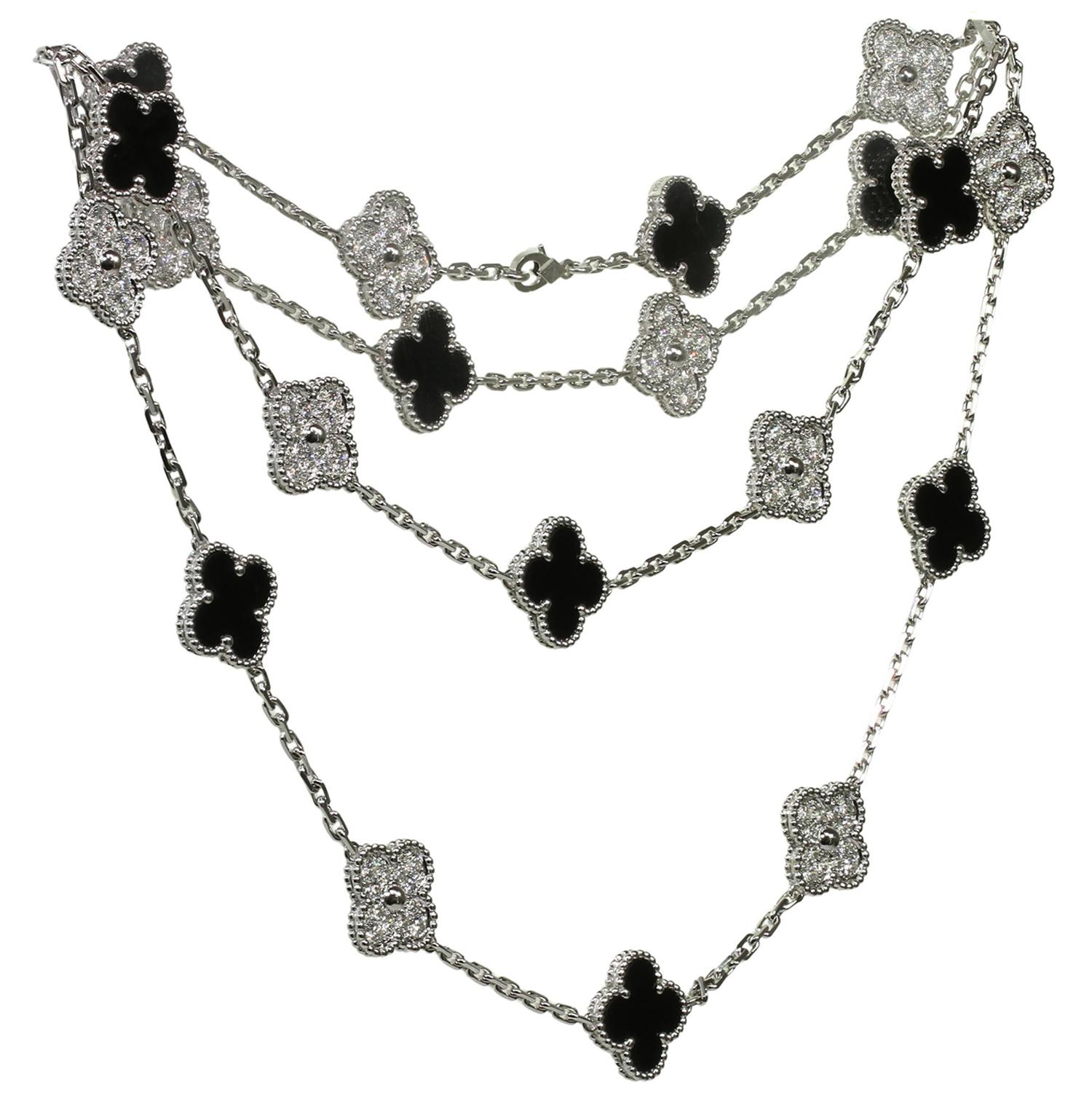 VAN CLEEF & ARPELS Alhambra Diamond Black Onyx White Gold 20 Motif Necklace  In Excellent Condition In New York, NY