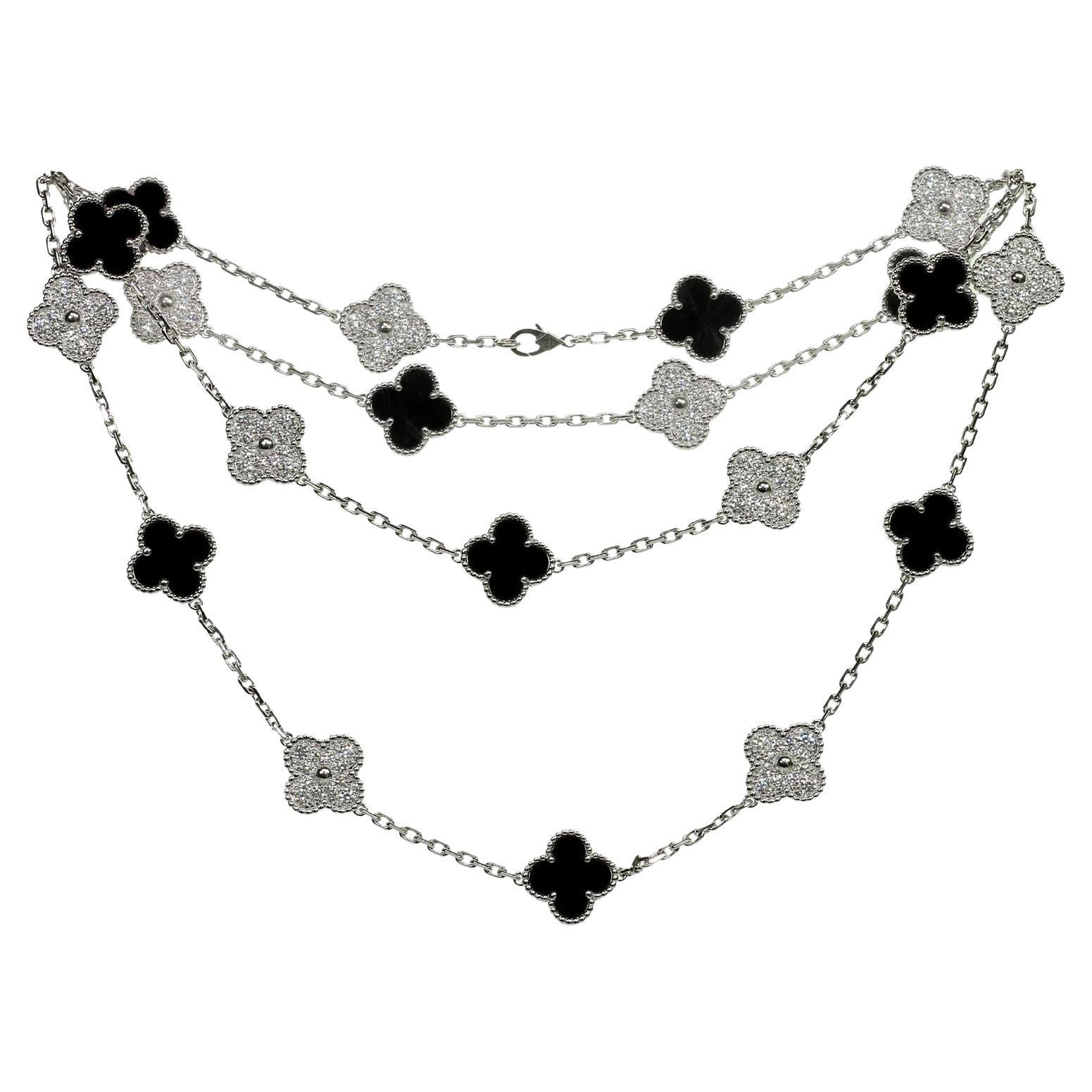 VAN CLEEF & ARPELS Alhambra Diamond Black Onyx White Gold 20 Motif Necklace  For Sale